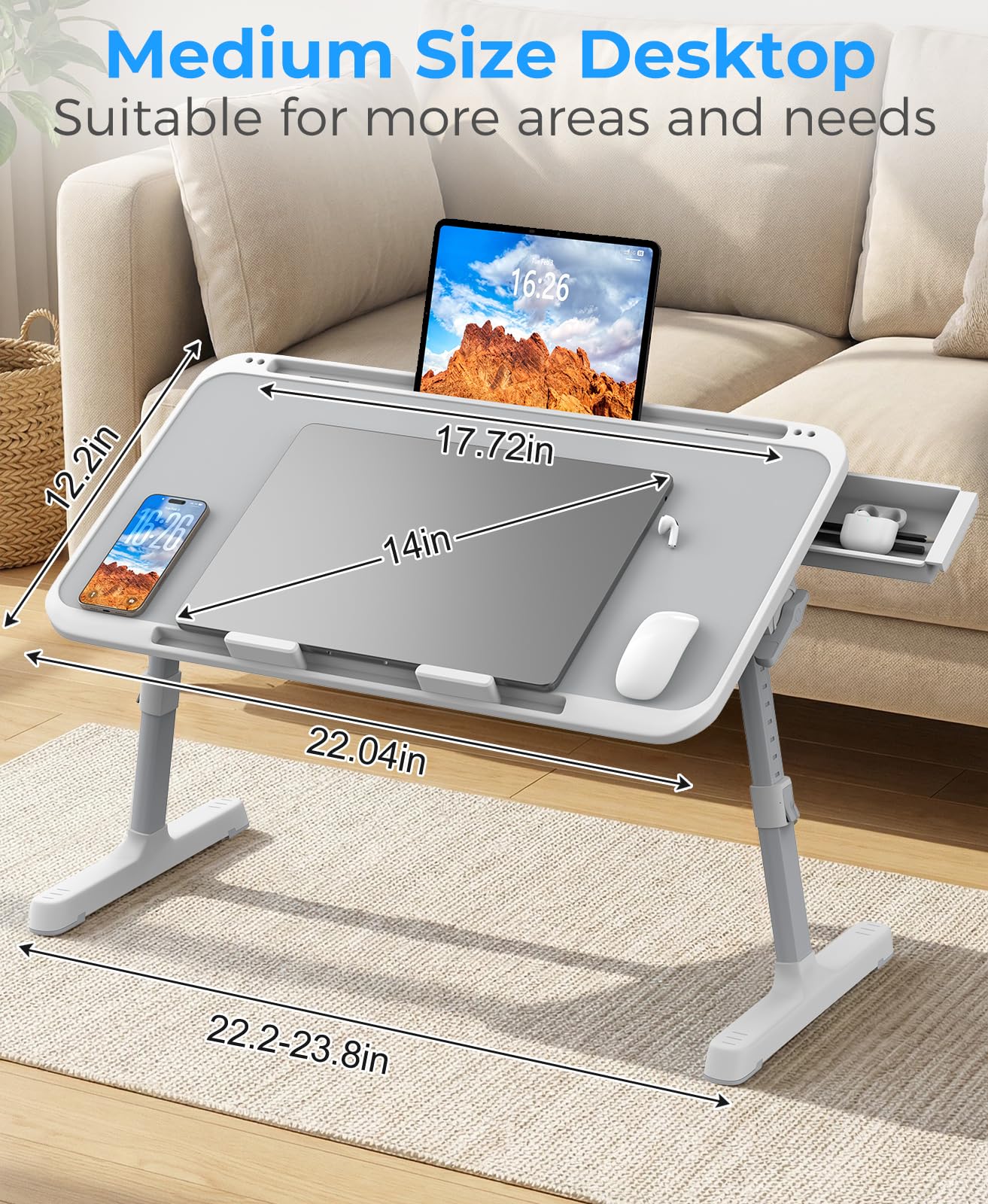 HETTHI Laptop Bed Table, Height & Angle Adjustable Laptop Desk for Bed with Premium Materials, Super Sturdy Foldable Laptop Bed Tray Table with Drawer for Bed Couch Floor (Gray, 22.04"×12.2")
