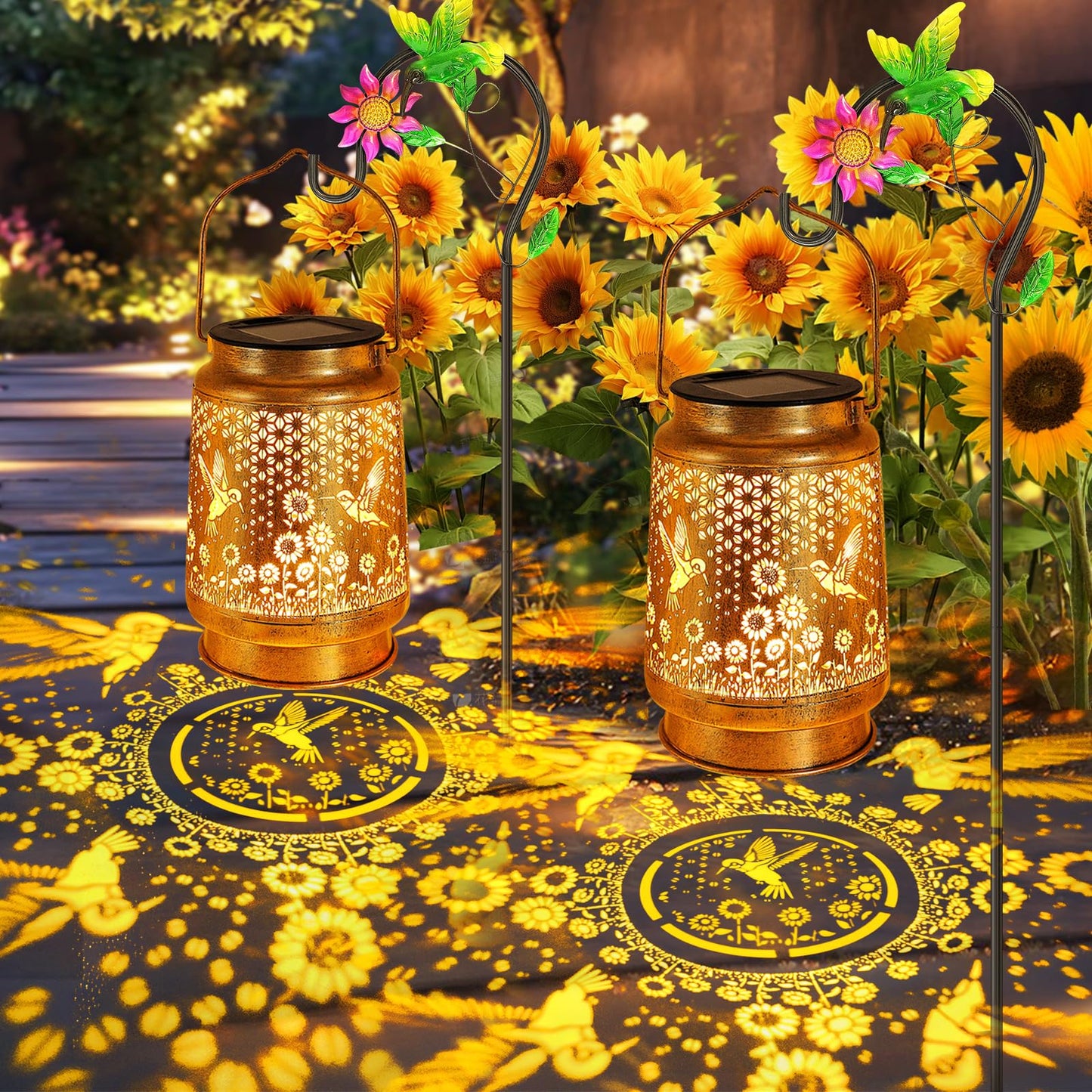 2 Pack Hummingbird Sunflower Solar Lanterns Outdoor with Shepherd Hook, Birthday Gift Mothers Day Gift for Women Mom Grandma Wife Daughter, Waterproof Hanging Lights, Decor for Yard Garden Patio Lawn