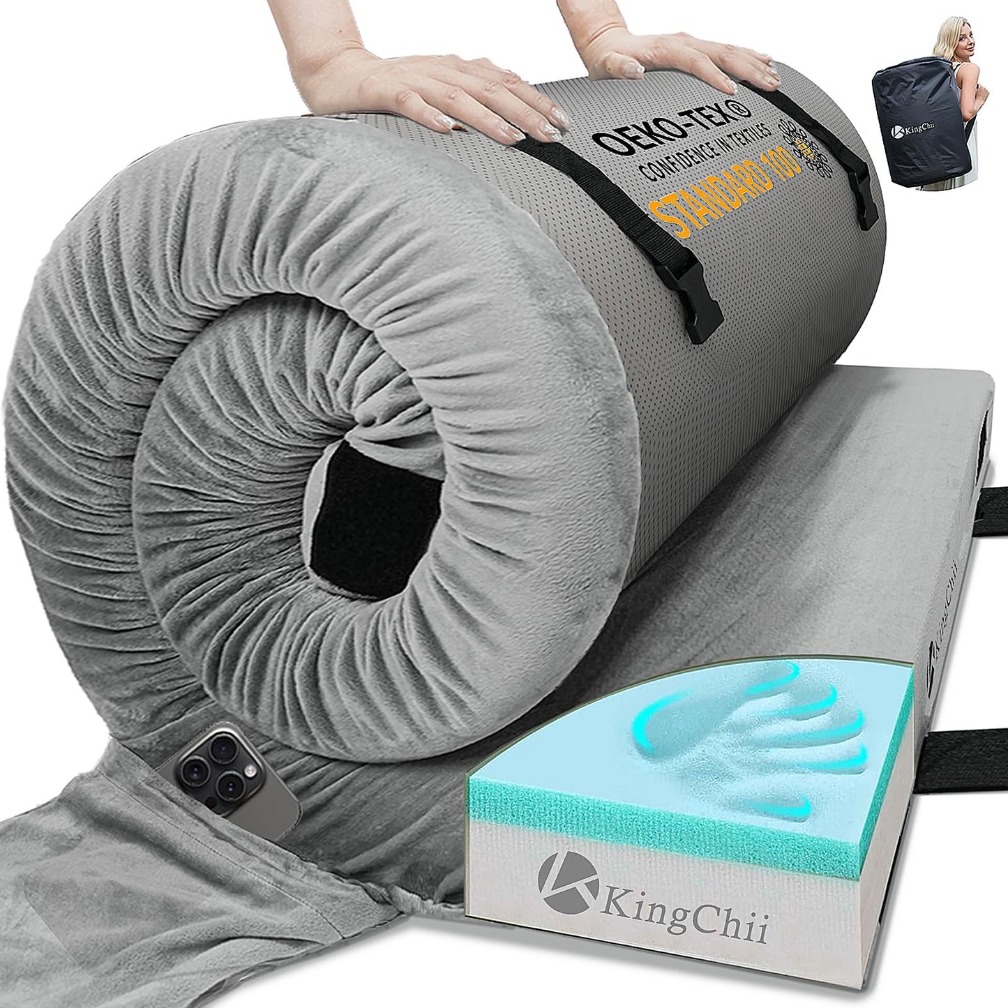 KingChii CertiPUR-US Memory Foam Camping Mattress, Portable Roll Up Travel & Car Mattress Sleeping Pad, Cot & Guest Bed for Sleepover with Waterproof Cover & Travel Bag