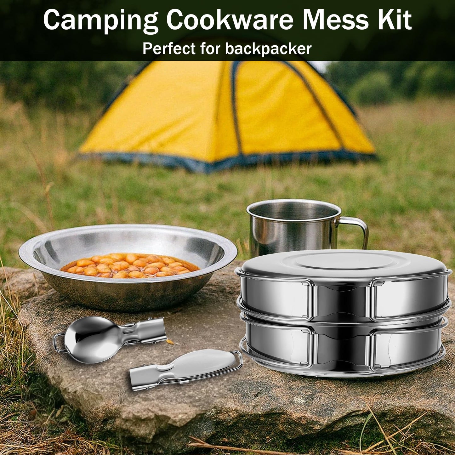 JJUNW 14Pcs Stainless Steel Camping Cookware Set, Lightweight Compact Camping Pots Pans Set with Cups Plates Forks Knives Spoons for Backpacking Camping-Cooking Hiking and Picnic