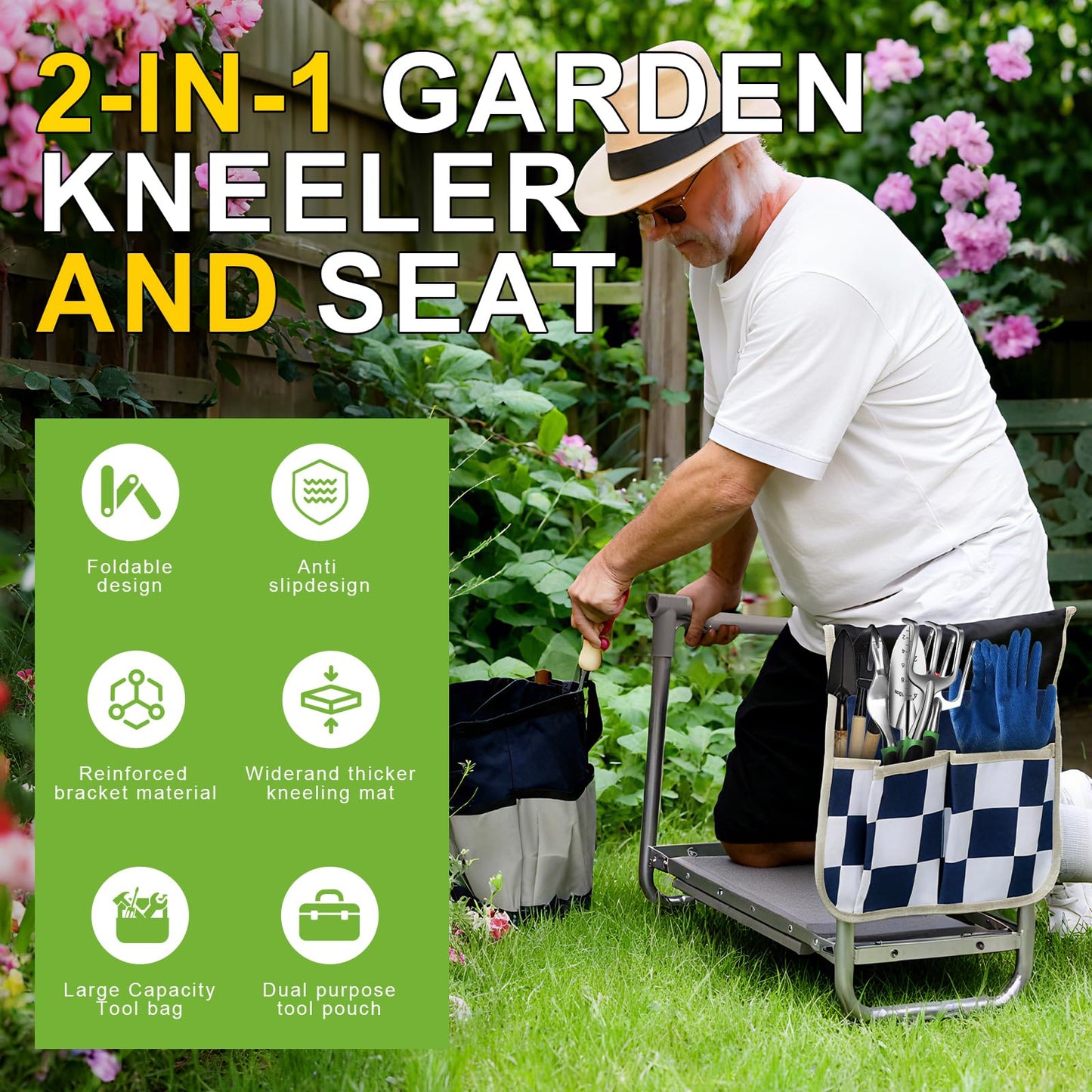 YUFNMKT Garden Kneeler and Seat, Wider Thicker Kneeling Pad, Heavy Duty Garden Stool Includes Gardening Tools Pouch and Bag, Convertible Garden Bench Kneeling Chair/Gifts for Parents Women Seniors