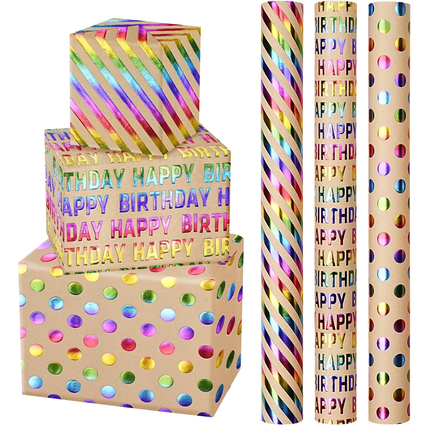 WRAPAHOLIC Kraft Birthday Wrapping Paper Roll - 3 Mini Rolls - 17 Inch x 120 Inch Per Roll - Rainbow Foi Happy Birthday Wrapping Paper for Boys Girls Kids, Baby Shower
