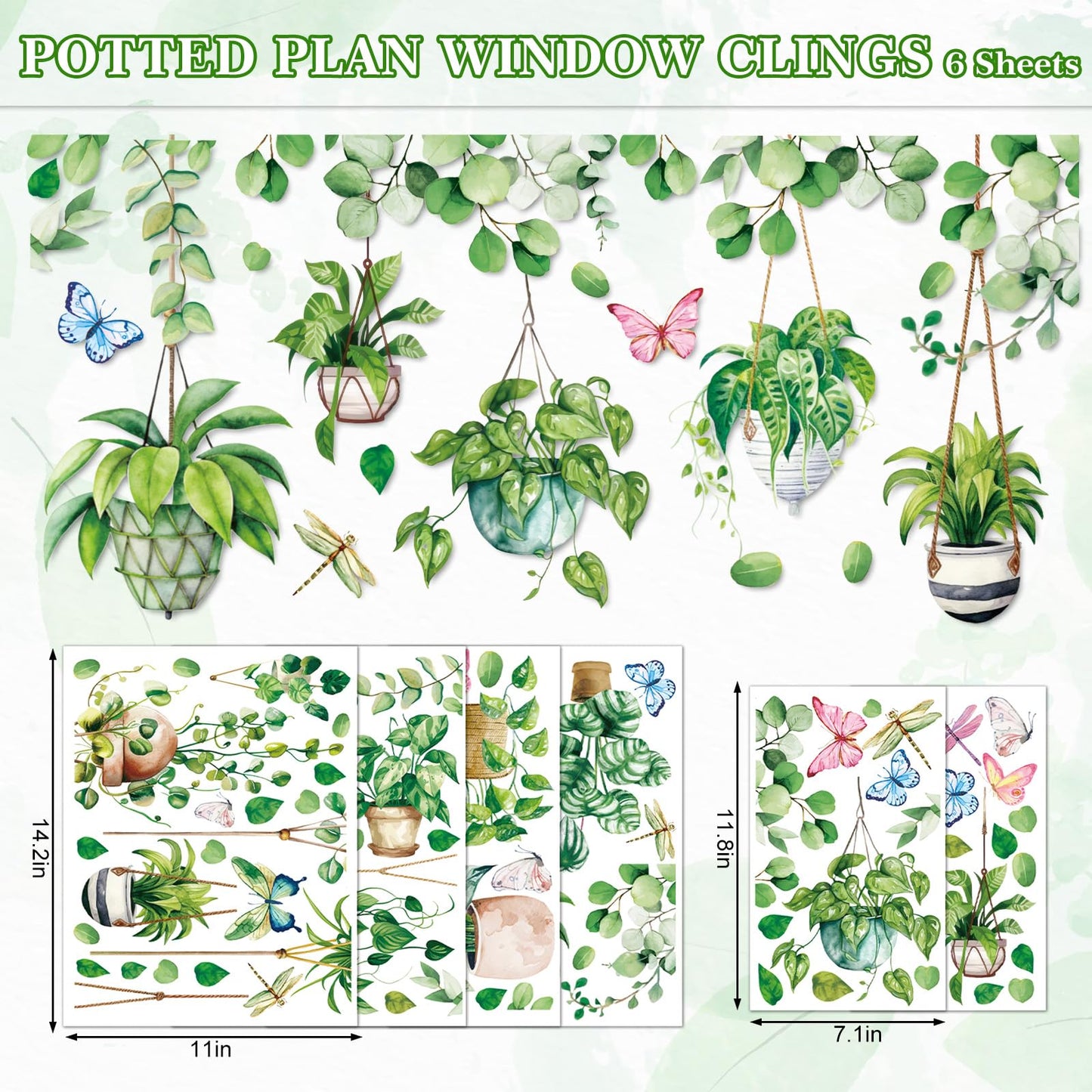 Whaline 6 Sheet Spring Summer Potted Plant Window Clings Hanging Vine Plant Eucalyptus Leaves Reusable Window Decals for Home School Office Party Supplies
