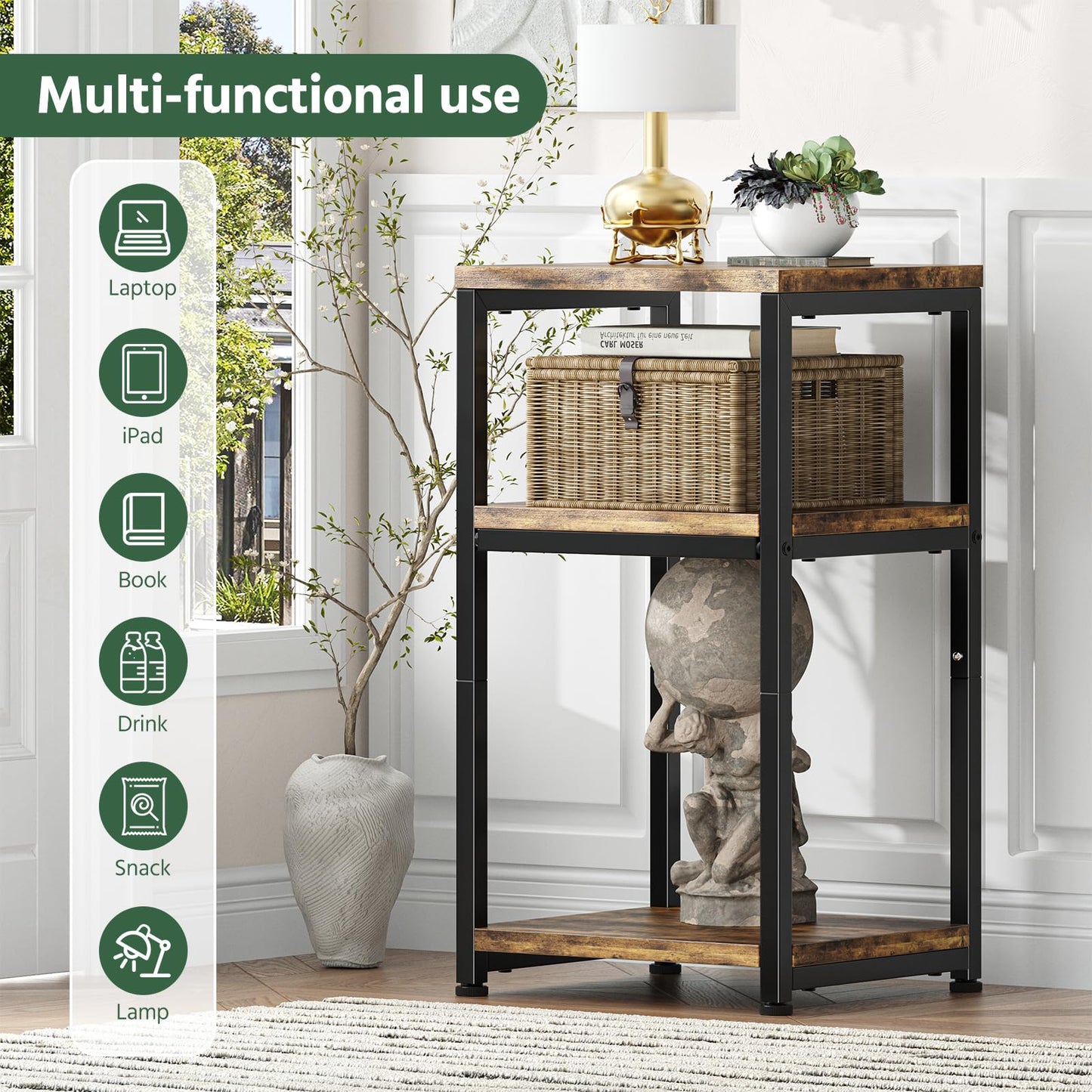 Simple Trending 3 Tier Side Table, End Table Night Stand Sofa Table Shelf for Living Room, Rustic Brown