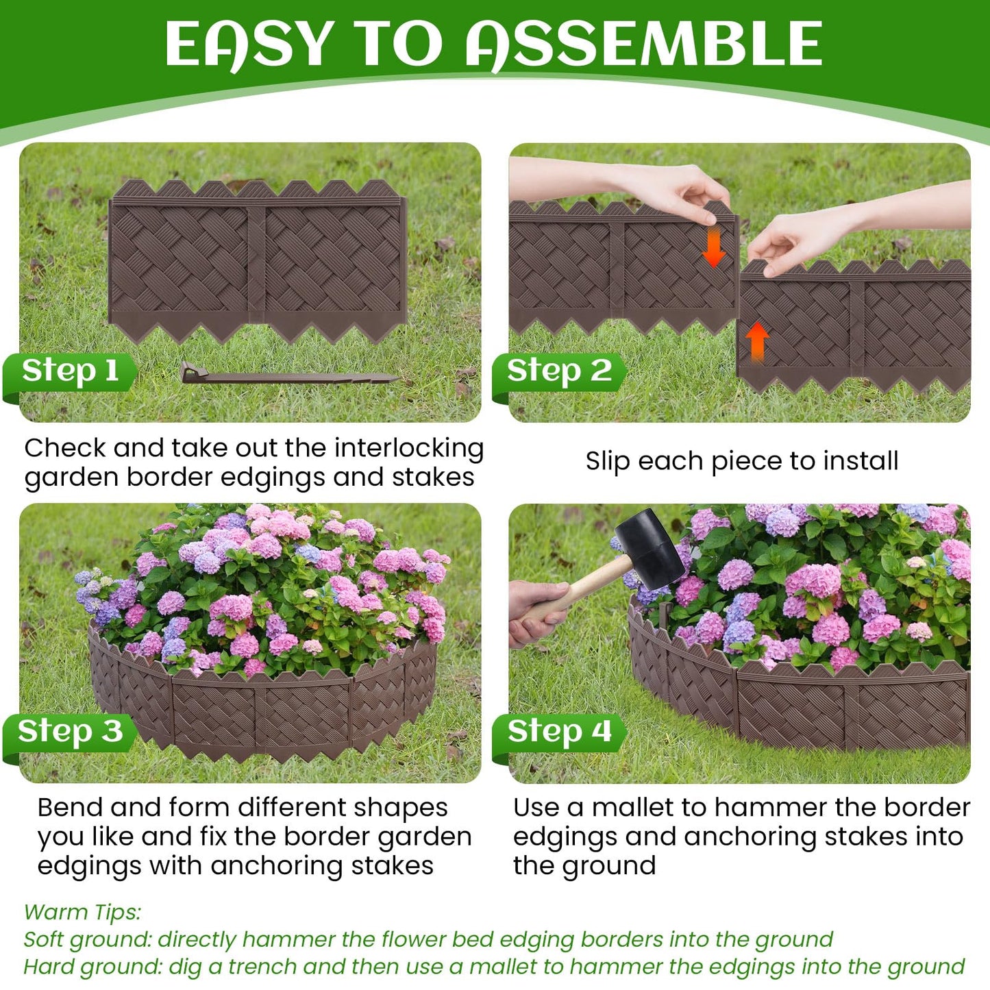 30-Pack Weaving Flower Bed Garden Edging Borders (30 FT) - No Dig Border Edgings with 8.5” Anchor Stakes & Interlocking Design-Thickened Borders for Lawns, Flower Beds & Landscaping