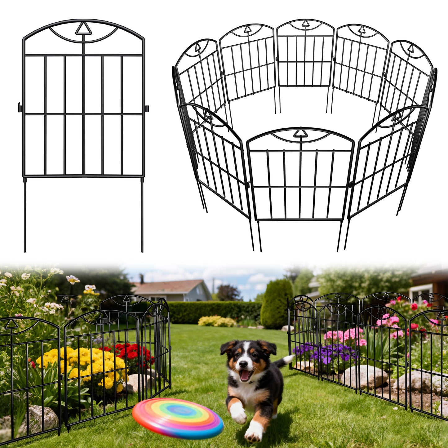 BOWDIMS,10 Panels Outdoor Decorative Garden Fence, 10.5 （ft） L x 24 (in) H, Black Rustproof Metal Wire Panel Barrier Fence, Animal Barrier Fence, for Landscaping and Yard Decoration