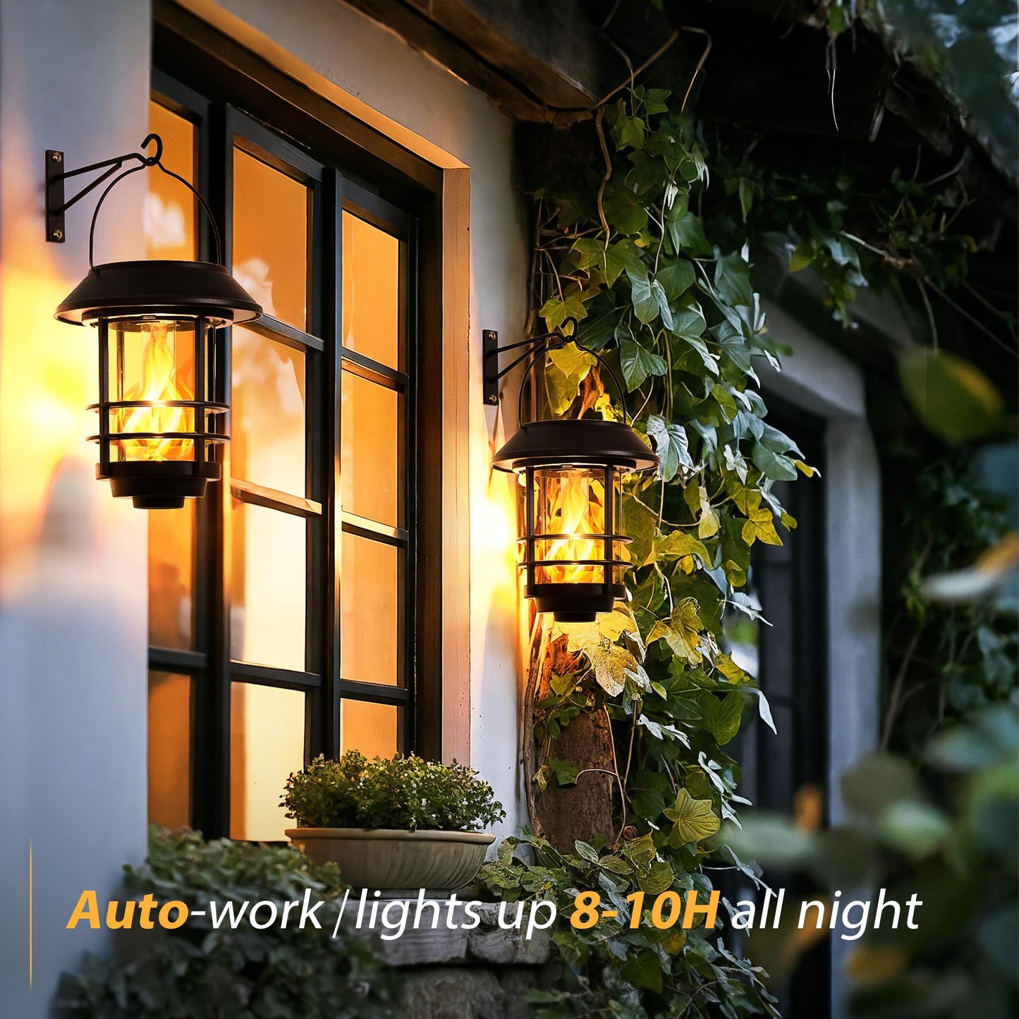 Otdair Solar Lanterns Outdoor Waterproof, 2 Pack Flickering Flames Wall Garden Decor with Glass Shade, Hanging Solar Lights Wall Mount Decorations for Halloween, Front Porch, Patio, Yard