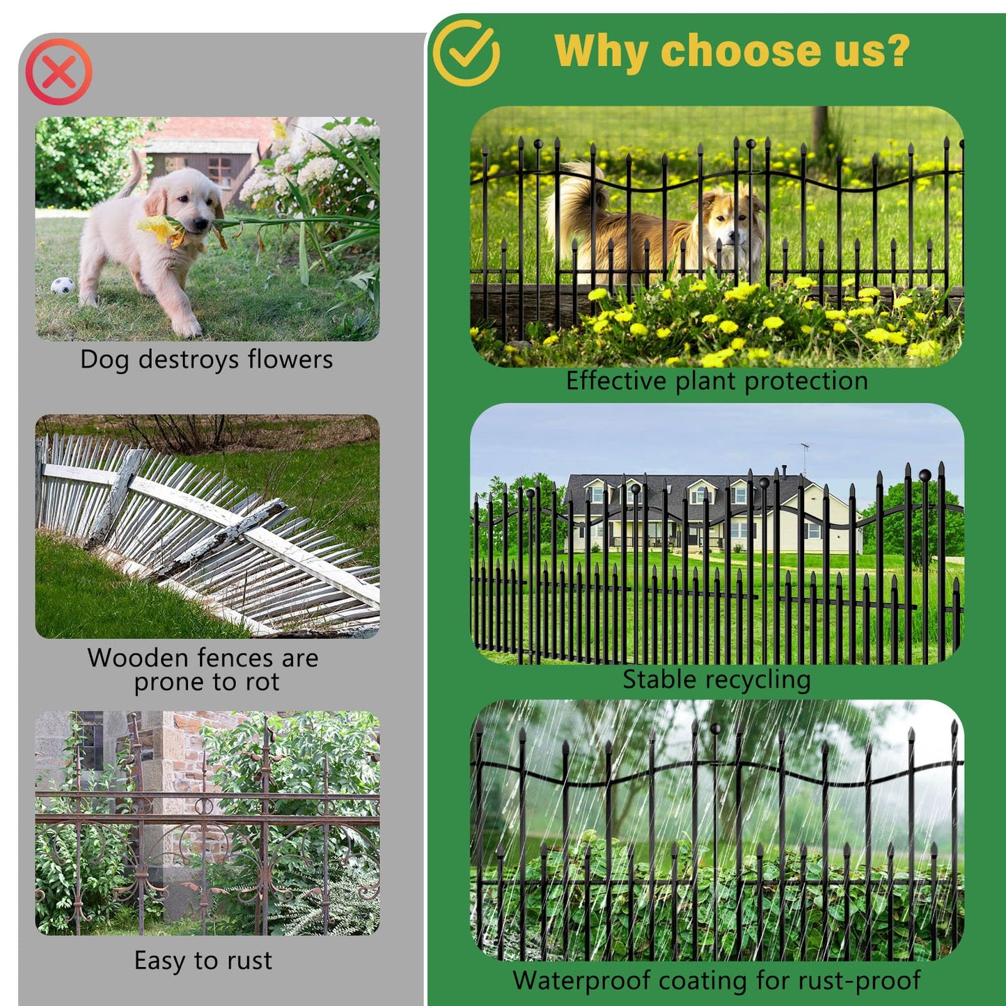 10 Panels No Dig Decorative Garden Fence, 24in(H)×22ft(L) Heavy-Duty Rustproof Metal Panels, Outdoor Dog Barrier for Yard & Patio, Landscape, Border| Portable Temporary Fencing