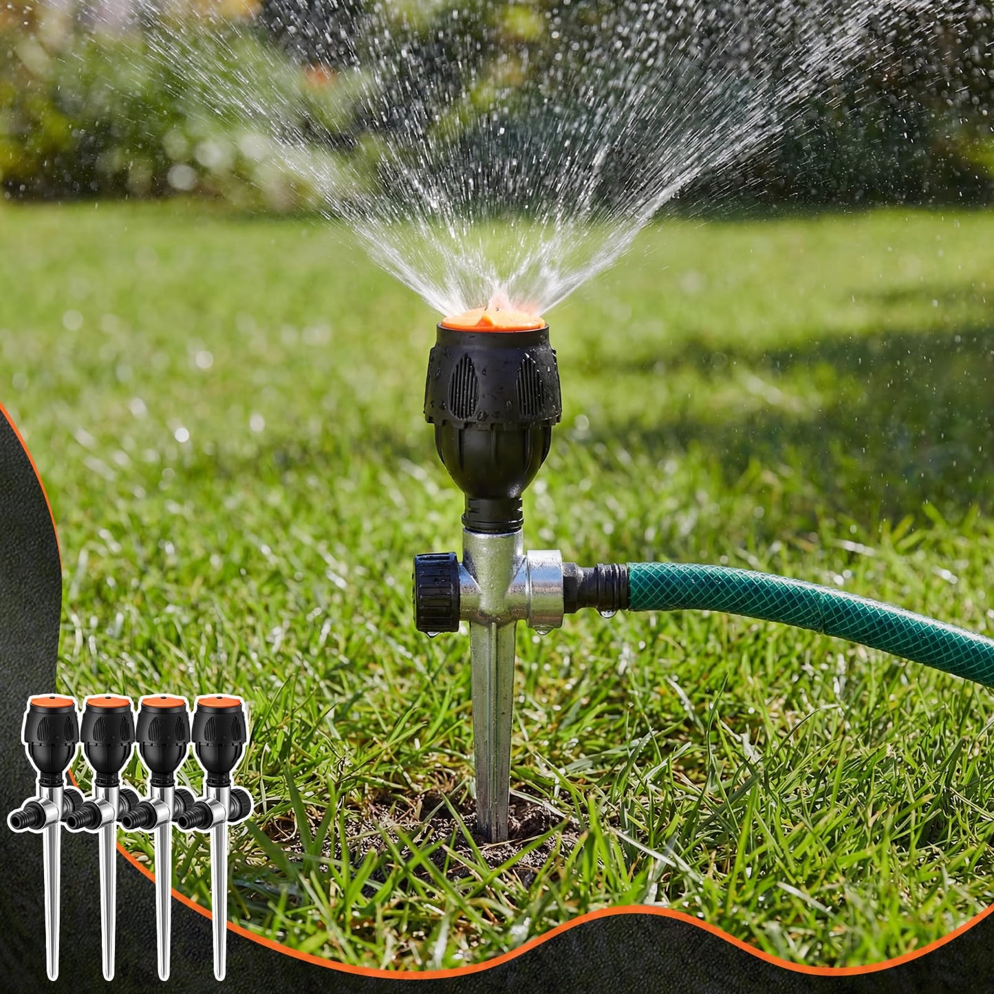 VIHOSE 4 Pack Flexible Gear Drive Sprinkler with Metal Spike Base Connectable Above Ground Sprinkler Watering System for Garden Plant Yard Lawn 360 Rotating Irrigation