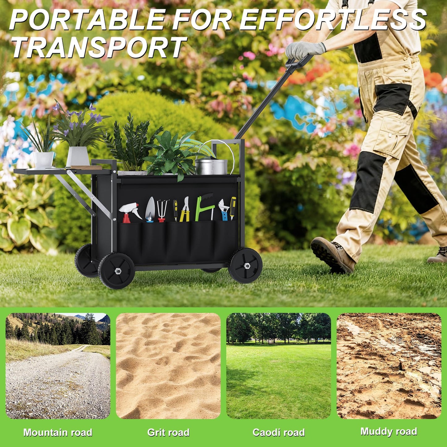 Garden Seat with Wheels, Garden Cart with Seat, 400 lbs Garden Rolling Stools with Wheels for Seniors, Rolling Utility Cart with Large Storage, Foldable Side Trays, for Patio, Lawn, Backyard Gardening
