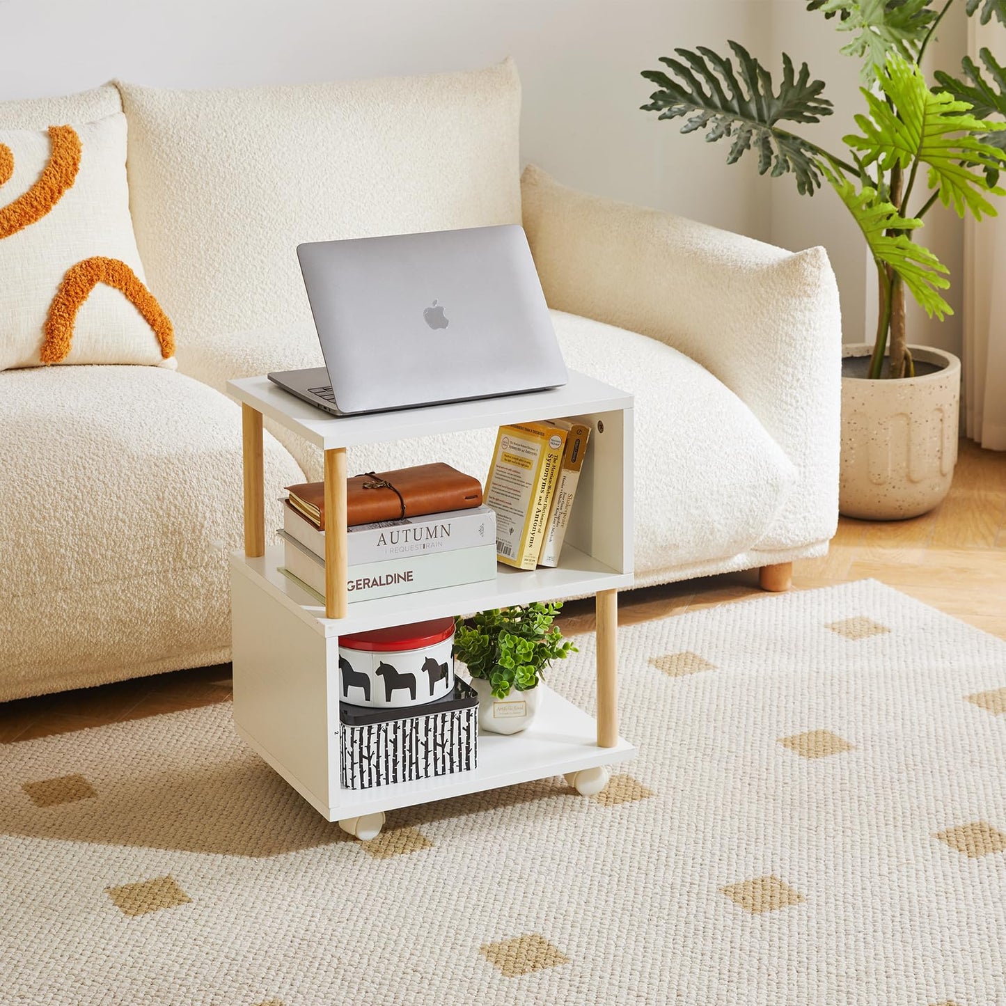 Aibiju Wooden Night Stand with Open Shelf, Nightstand with Wheels, S-Shaped Bed Side Table 3 Tier, 20 inch High End Table White YD-TM155W
