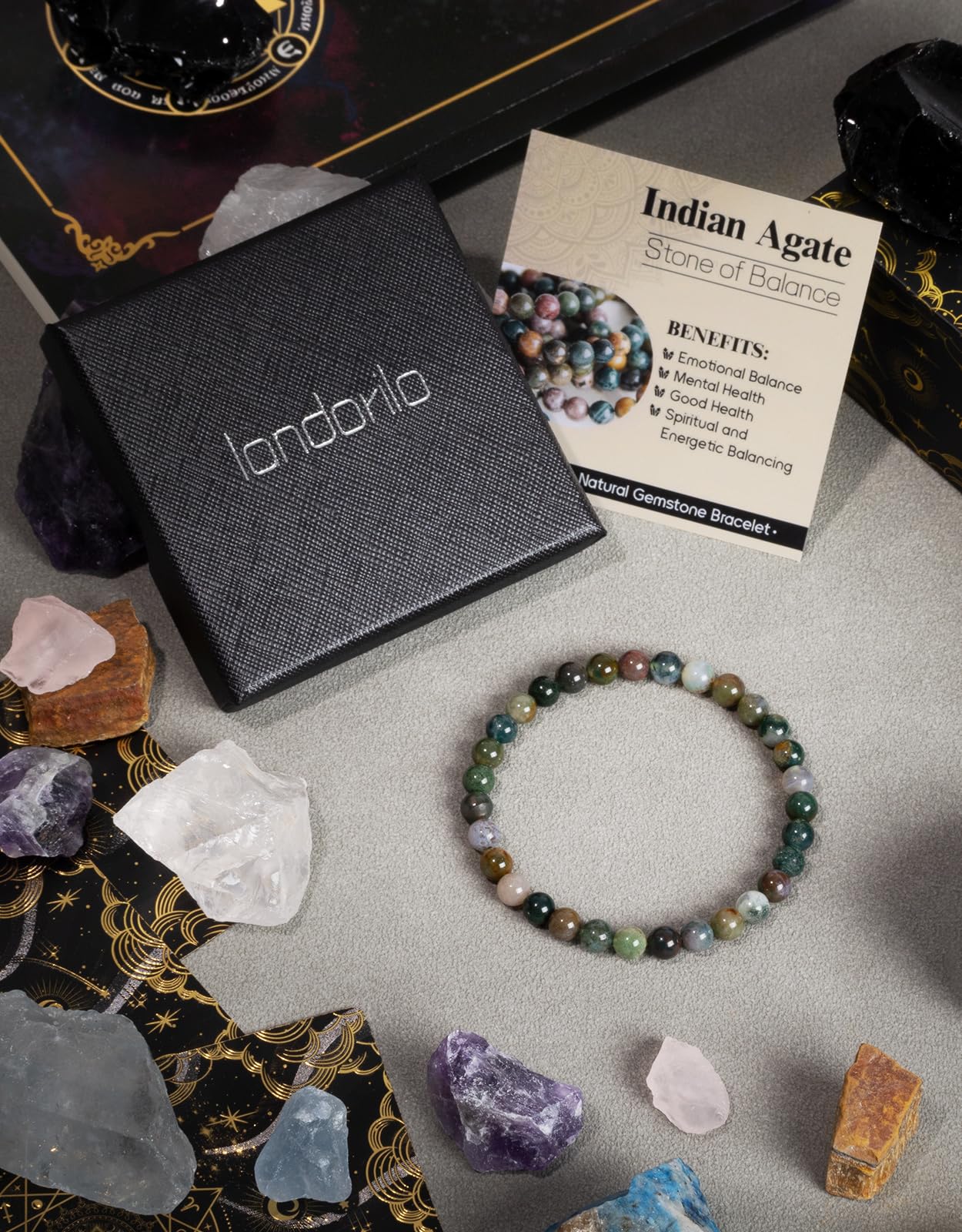 Landorilo Beaded Bracelet for Men Women, 6mm Natural Stone Indian Agate Healing Crystal Stretch Bracelets, Ideal Christmas Birthday Jewelry Gifts with Energy Card，Replacement Beads Included