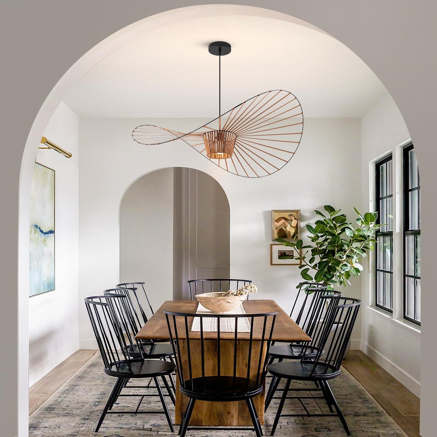 Brown Woven Chandelier, D39" Creative Straw Hat Shape Pendant Light Fixtures, Stretch Fabric+Fiberglass Material, Modern Boho Large Chandeliers, Suitable for Living Room, Bedroom, Dining Room, Office