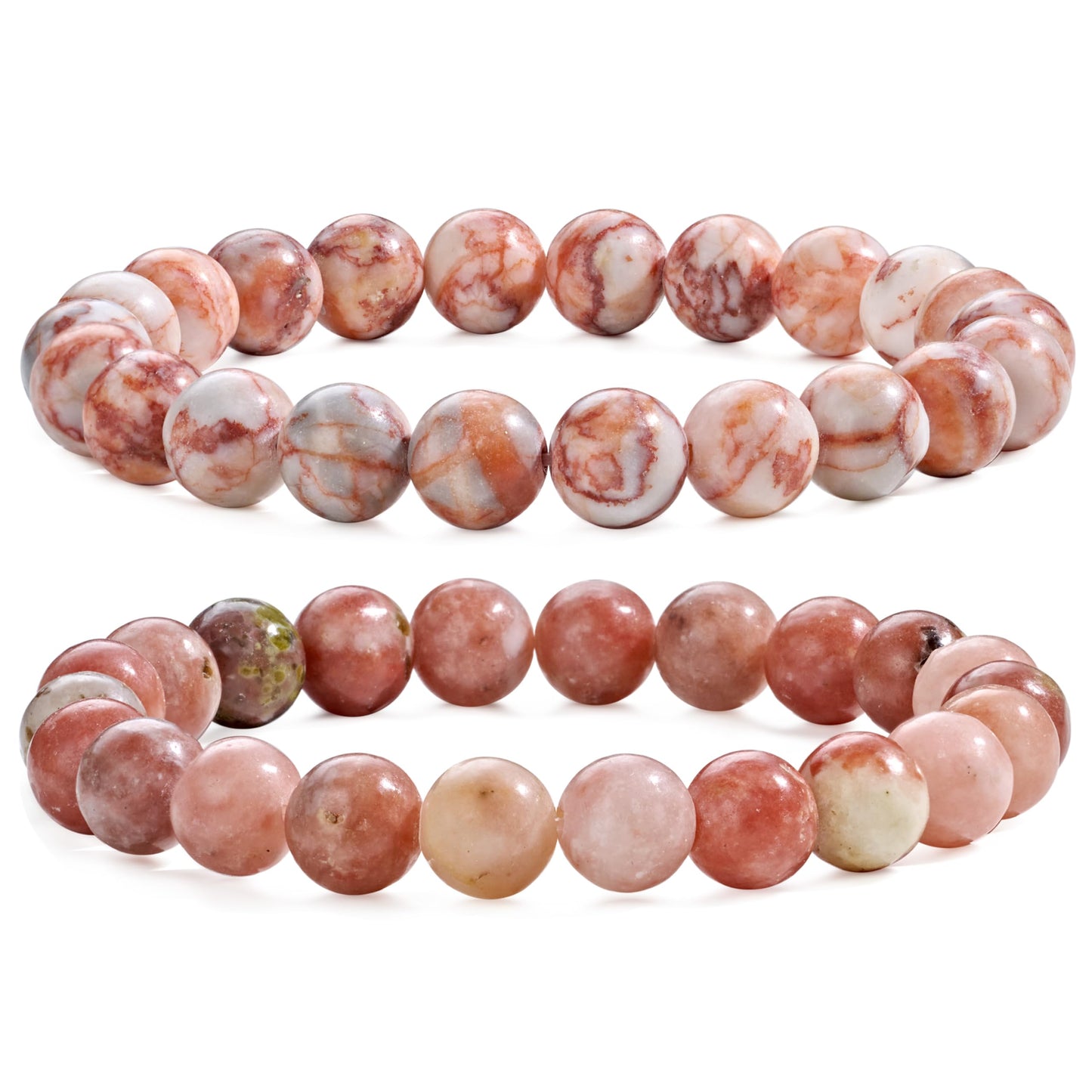 Bivei Natural Gemstone Semi Precious Healing Crystals Handmade Stretchy Round Beads Bracelet,Stocking Stuffers for Women(Red Vein Jasper & Plum Blossom Jade (Good Luck & Opportunities) Large)