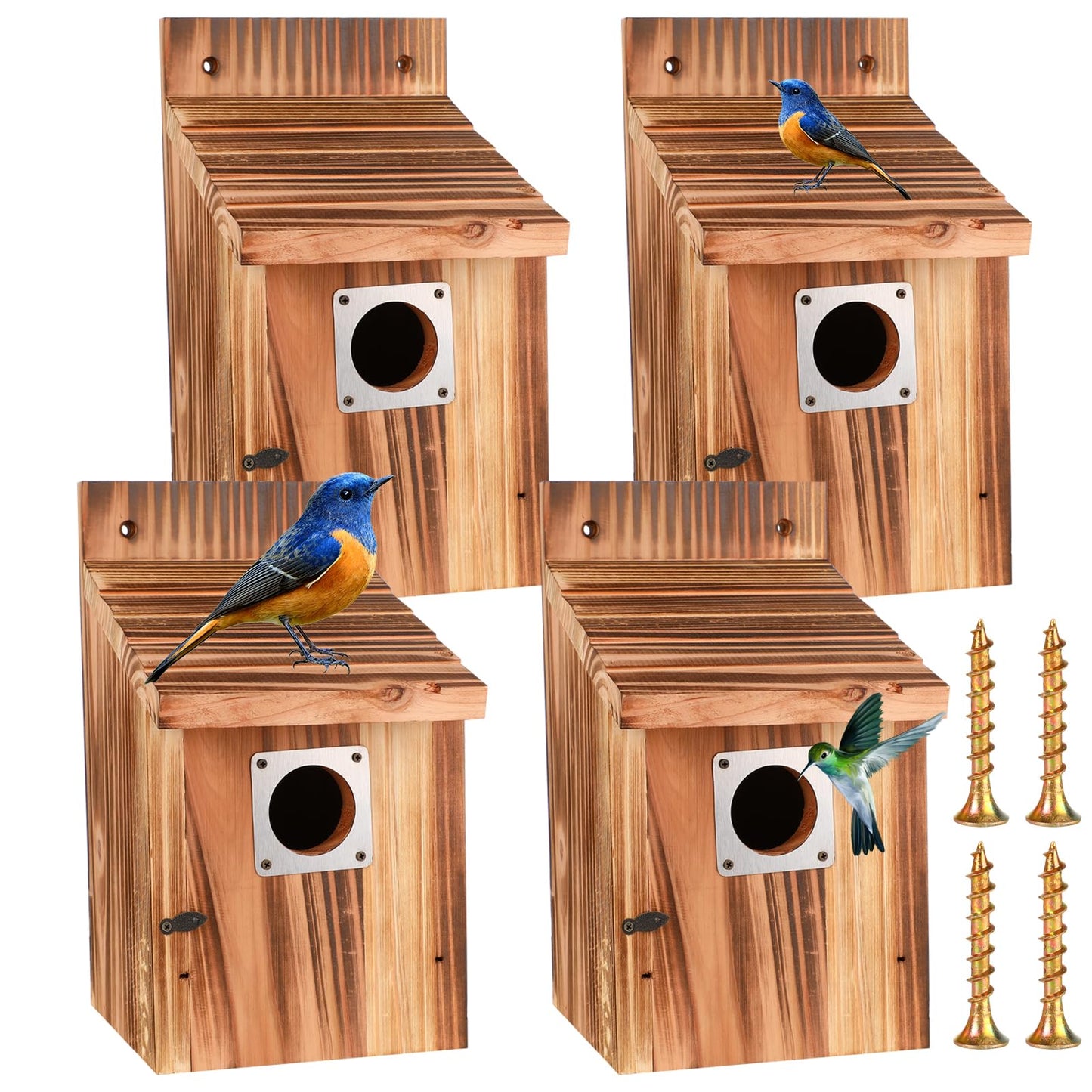 4-Piece Outdoor Bird House Set, Bird Houses for Outside with Metal Guards, Safety Locks, Flight Slots, & Ventilation, Bluebird Houses with 1-1/2" Entrance for Bluebirds, Wrens, Finches
