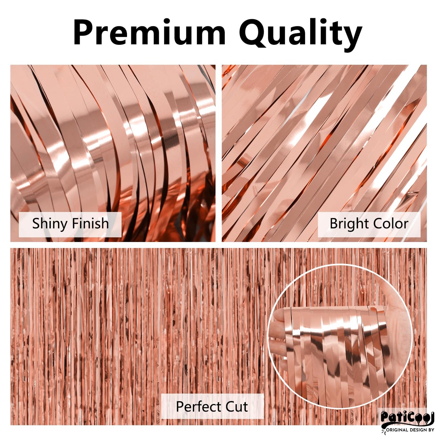 PatiCool Thicken Rose Gold Tinsel Backdrop 2 Pack 3.3 x 6.6 FT, Foil Fringe Curtains, Birthday Decorations for Women Girls, Bachelorette Bridal Shower Decorations