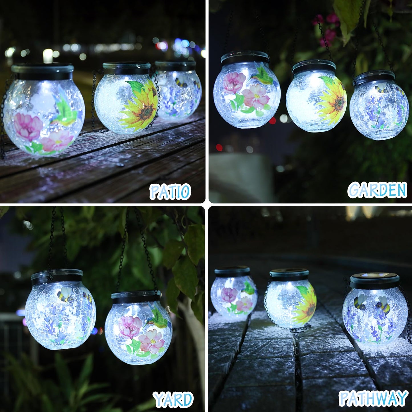 Solar Hanging Lanterns Outdoor Waterproof, 3 Pack Crackle Glass Globe Solar Lights Garden Decor Light for Patio Backyard Pathway Porch Gifts for Women Mom Grandma