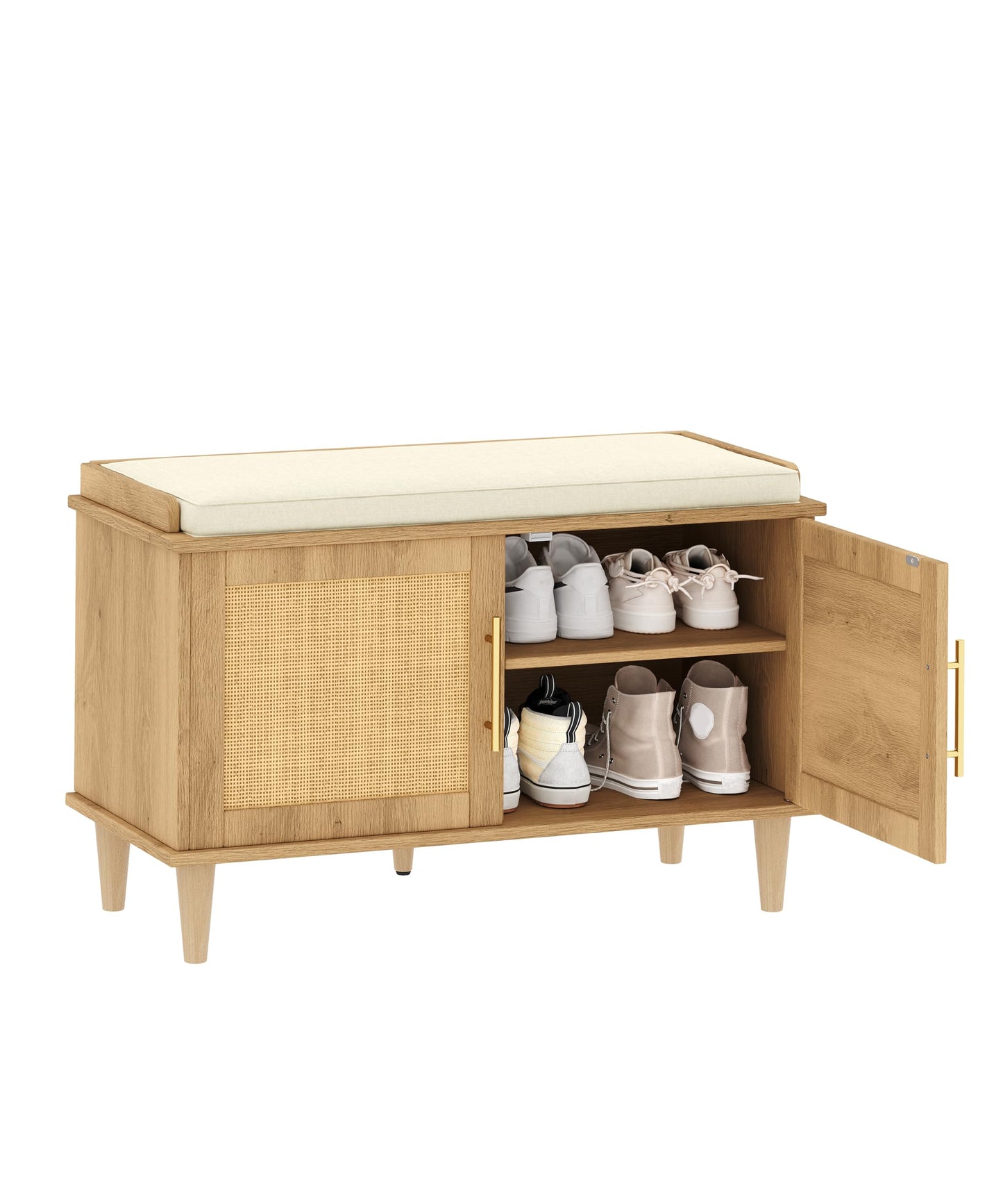 Akxomel Rattan Shoe Storage Bench with Cushion, 2-Tier Entryway Bench with Adjustable Shelves and 2 Doors, 15" D x 31.5" W x 20" H, Solid Wood Legs, for Hallway, Living Room, Bedroom, Natural Oak