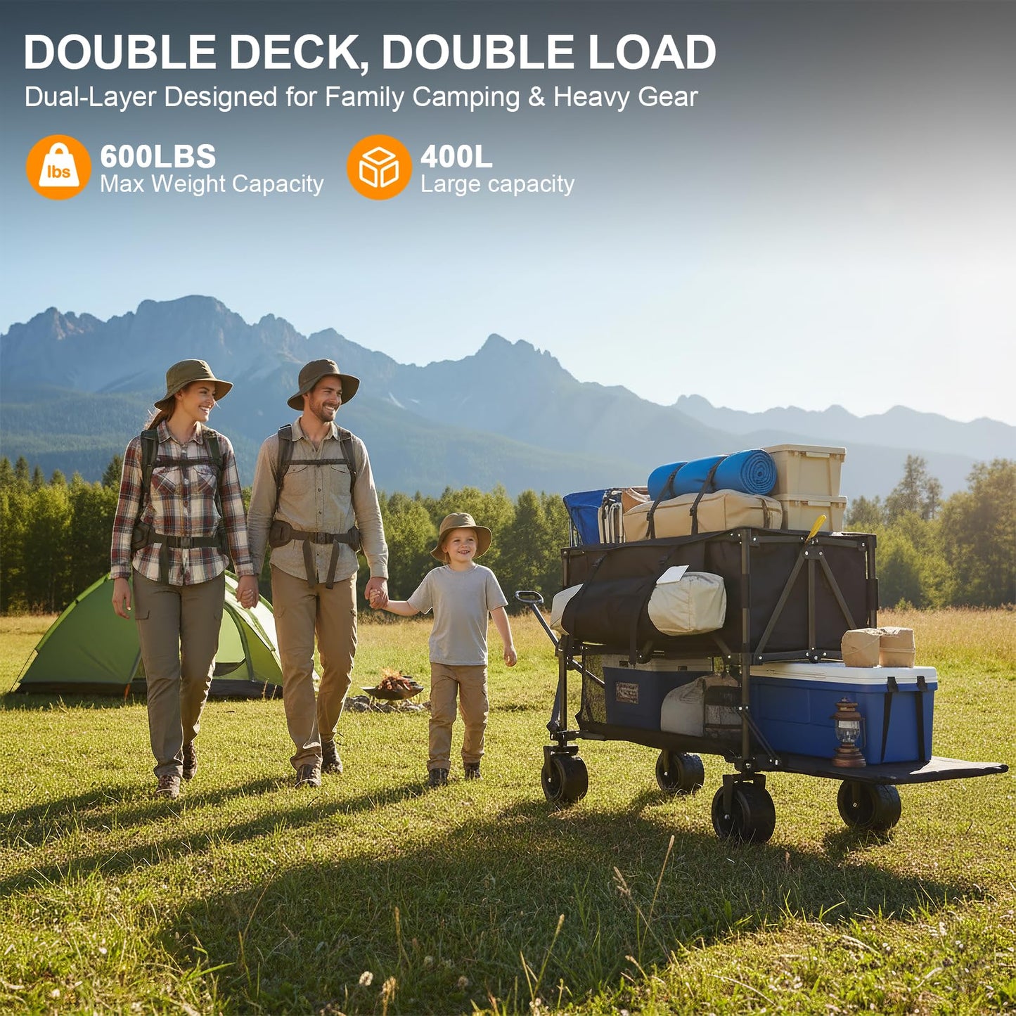 Double Decker Wagon Heavy Duty Collapsible, 600LBS 400L Capacity Foldable Utility Cart with Big Wheels for Beach, Outdoor, Camping & Gardening, Durable Steel Frame