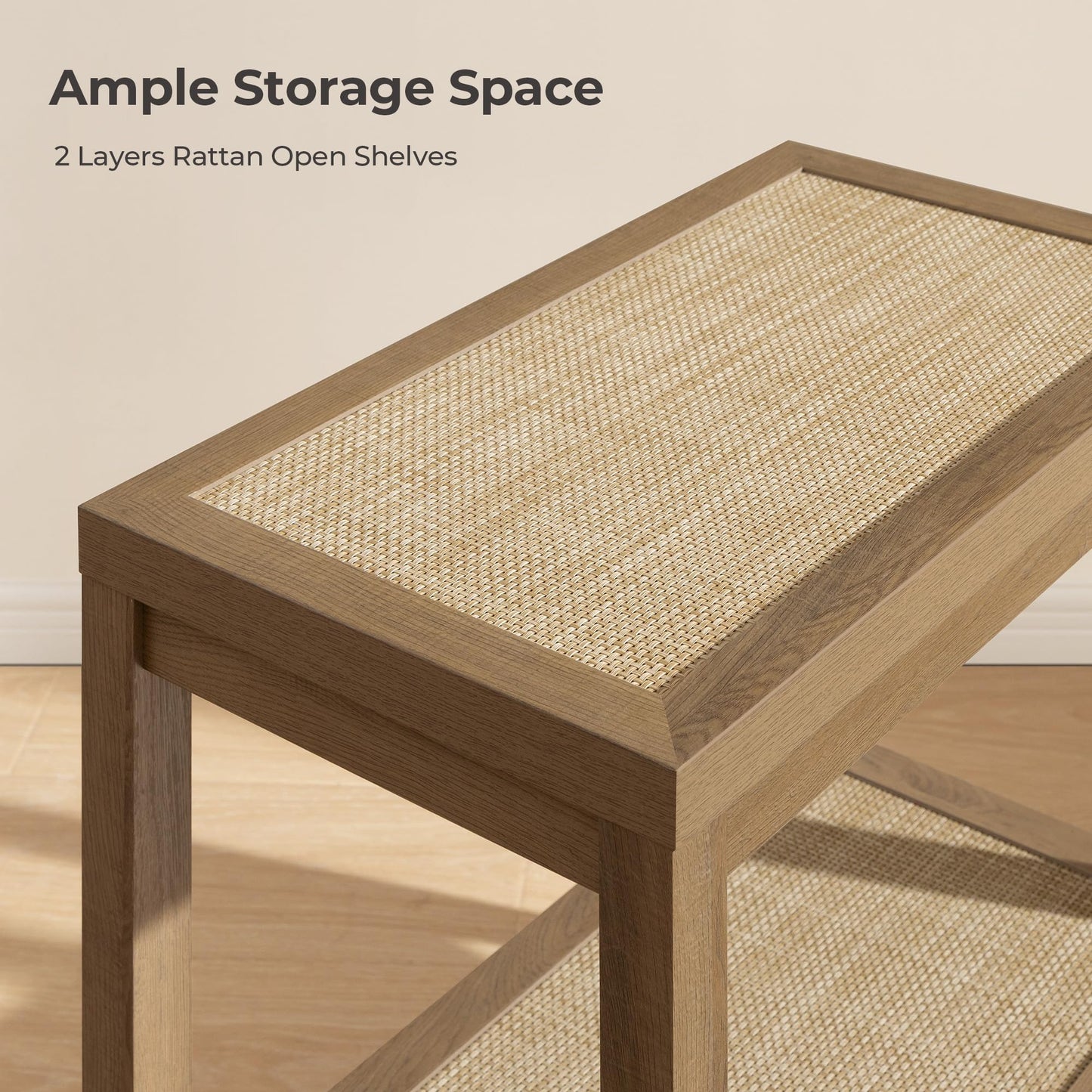 SICOTAS Rattan Night Stand Bedside Table - Farmhouse Boho Narrow End Table for Living Room - Accent Side Table with 2 Rattan Open Storage Shelves for Bedroom, Small Spaces