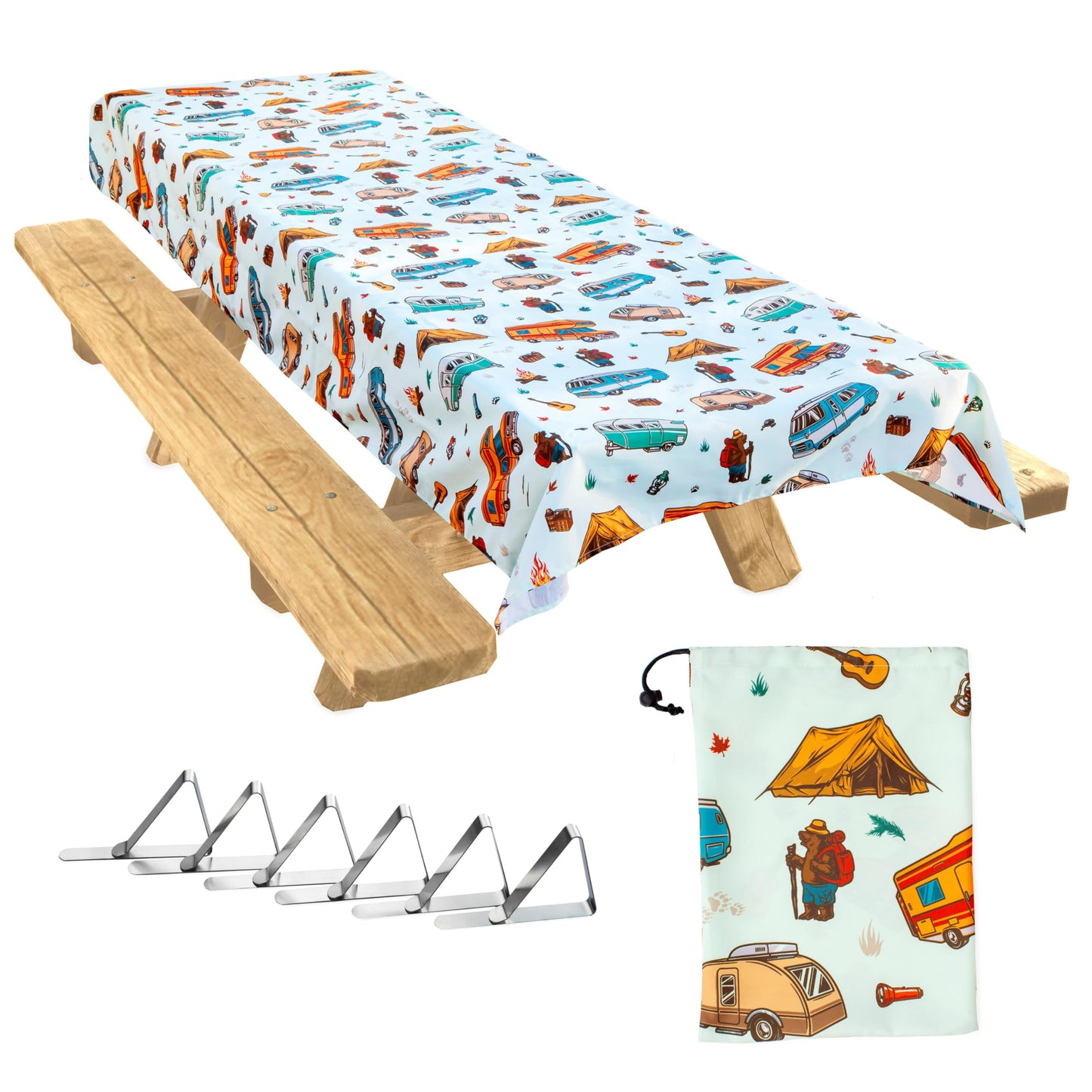 Jolly Camper Camping Tablecloth, Picnic Tablecloth, Fits 4ft to 8ft Picnic Tables, Polyester, Washable & Reusable, Spill & Stain Resistant, Water Repellent, Table Cloth for Picnic Table - Vintage RV