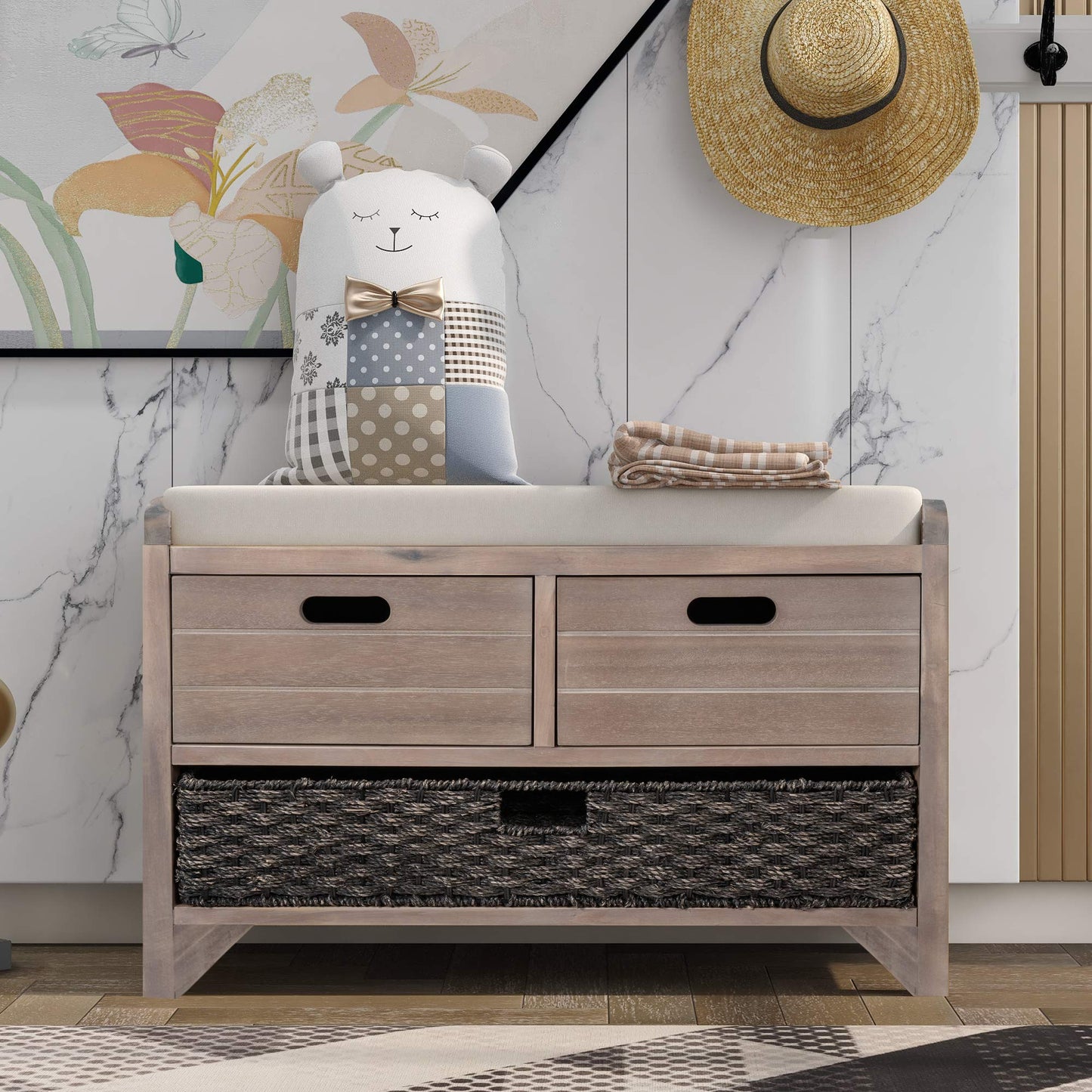 ROOMTEC 32″ Storage Bench with Removable Basket and 2 Drawers, Fully Assembled Shoe Benches with Removable Cushion for Living Room, Entryway, Bedroom, White Washed