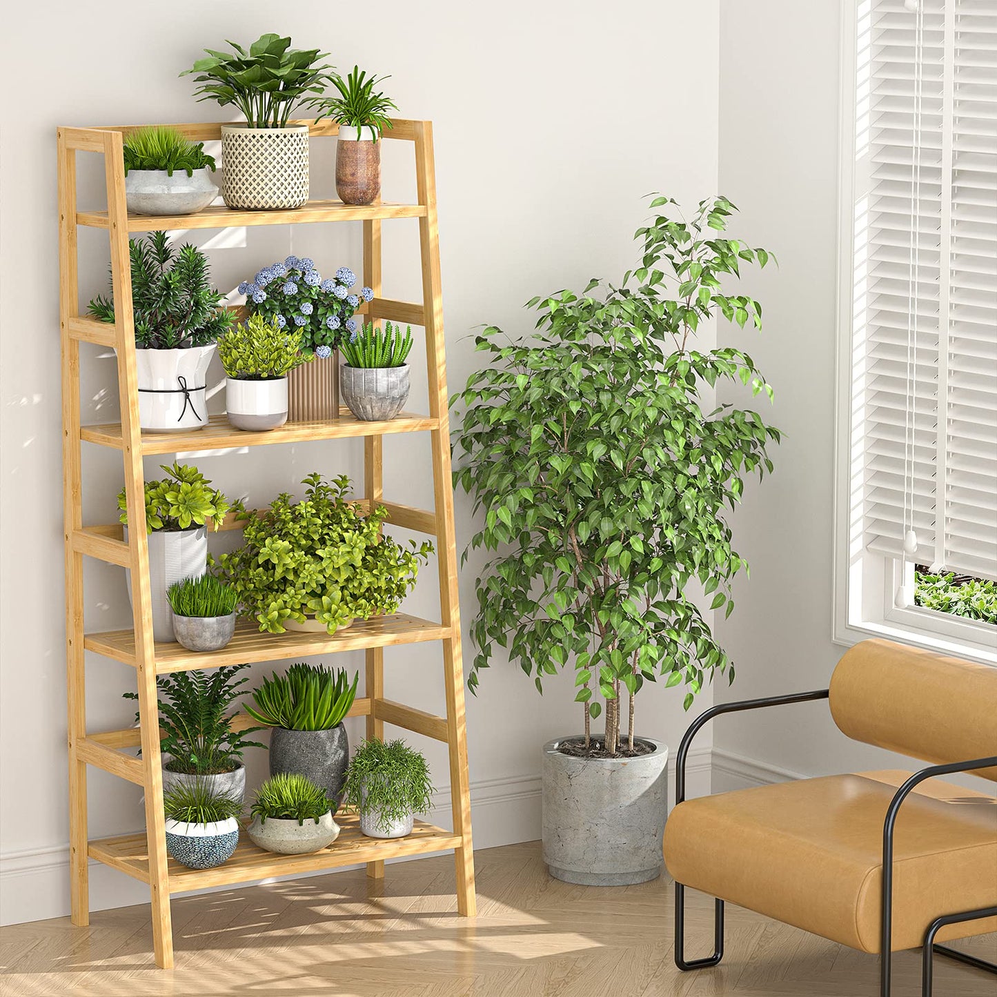 Homykic Ladder Shelf, 4-Tier Bamboo Ladder Bookshelf Small Bookcase, 49” Tall Open Display Shelves Wood Plant Stand Storage Rack for Living Room, Bathroom, Bedroom, Home Office