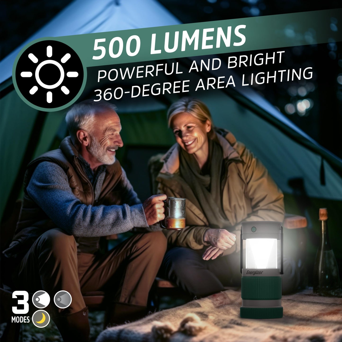 Energizer S-500 Hybrid Power Camping Lantern, Solar, Rechargeable, or AA Battery Powered, IPX4 Water Resistant Bright LED Lantern