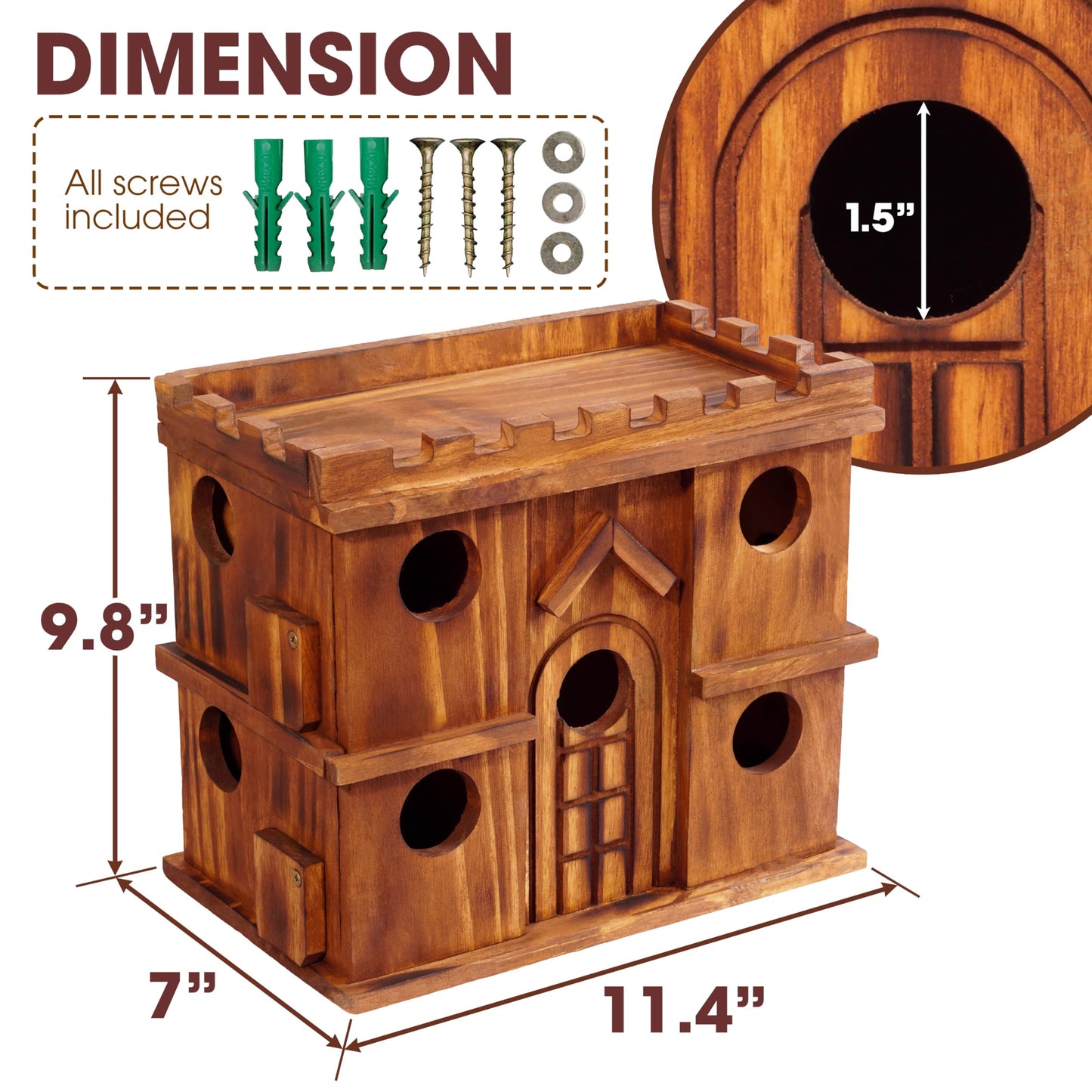 MIXUMON Wooden Bird Houses for Outside – 9 Rooms Large Bird House, Carbonized Pine Rustic Finish, 1.5" Entrance Holes, Cleaning Doors, Outdoor Birdhouse Nesting Box (Rustic, 9 Rooms)