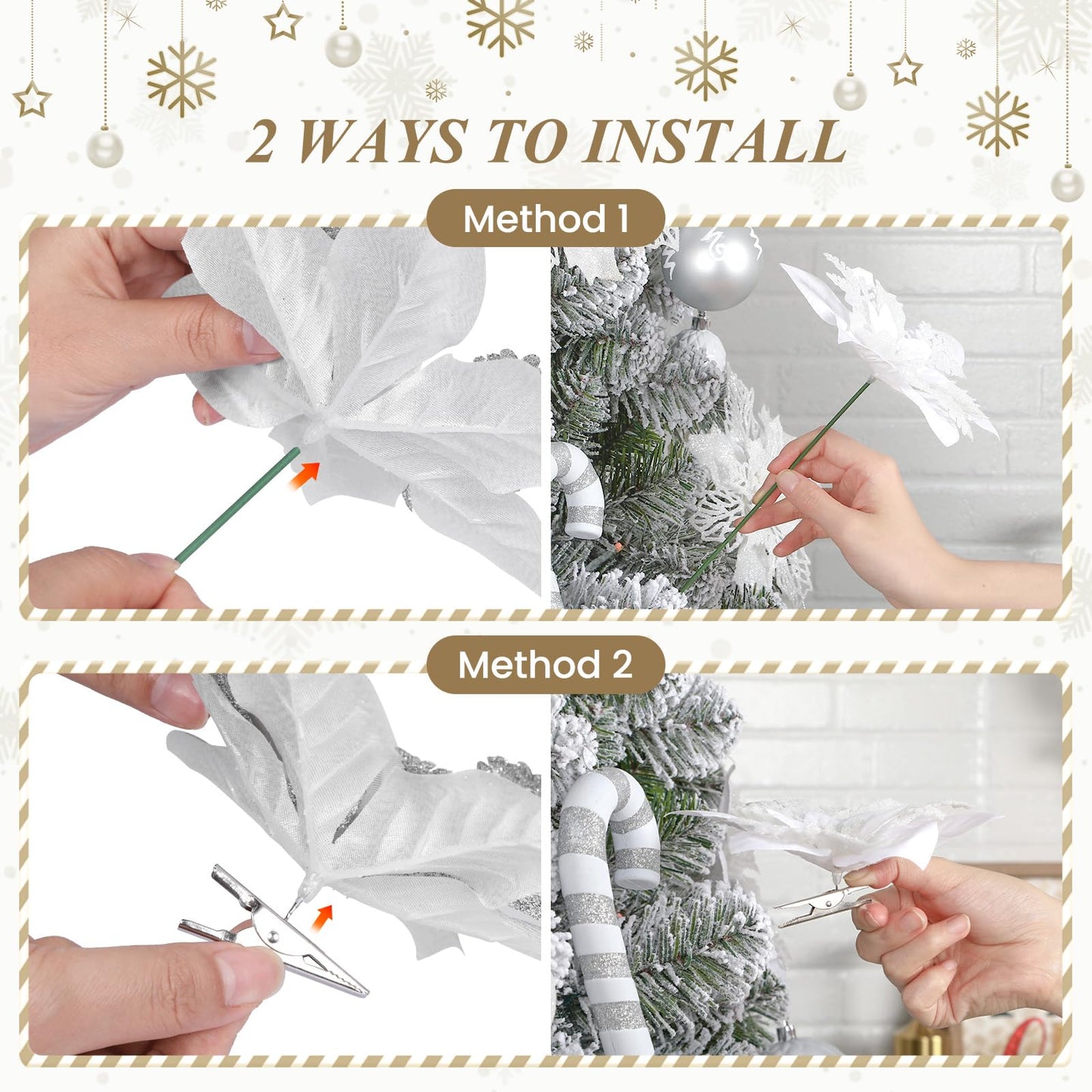 Alupssuc 24PCS 6"& 9" White Artificial Poinsettia Christmas Flowers, Faux Glitter Ornaments for Xmas Tree Wreath Garlands New Year Home Decor, White