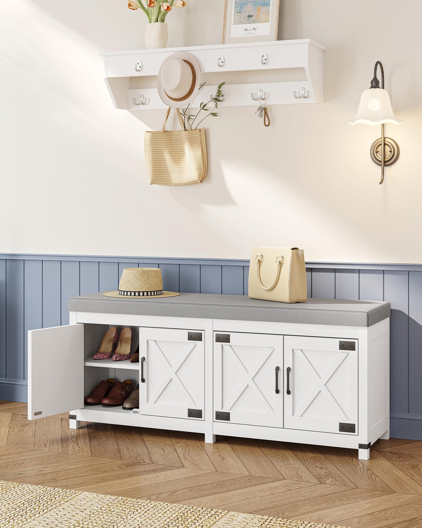 Hzuaneri Shoe Storage Bench, 2 Tier Shoe Bench with Padded Seat Cushion & 4 Barn Doors, Entryway Bench with Adjustable Shelf, Farmhouse Shoe Cabinet for Living Room, Bedroom, White SB31203GY
