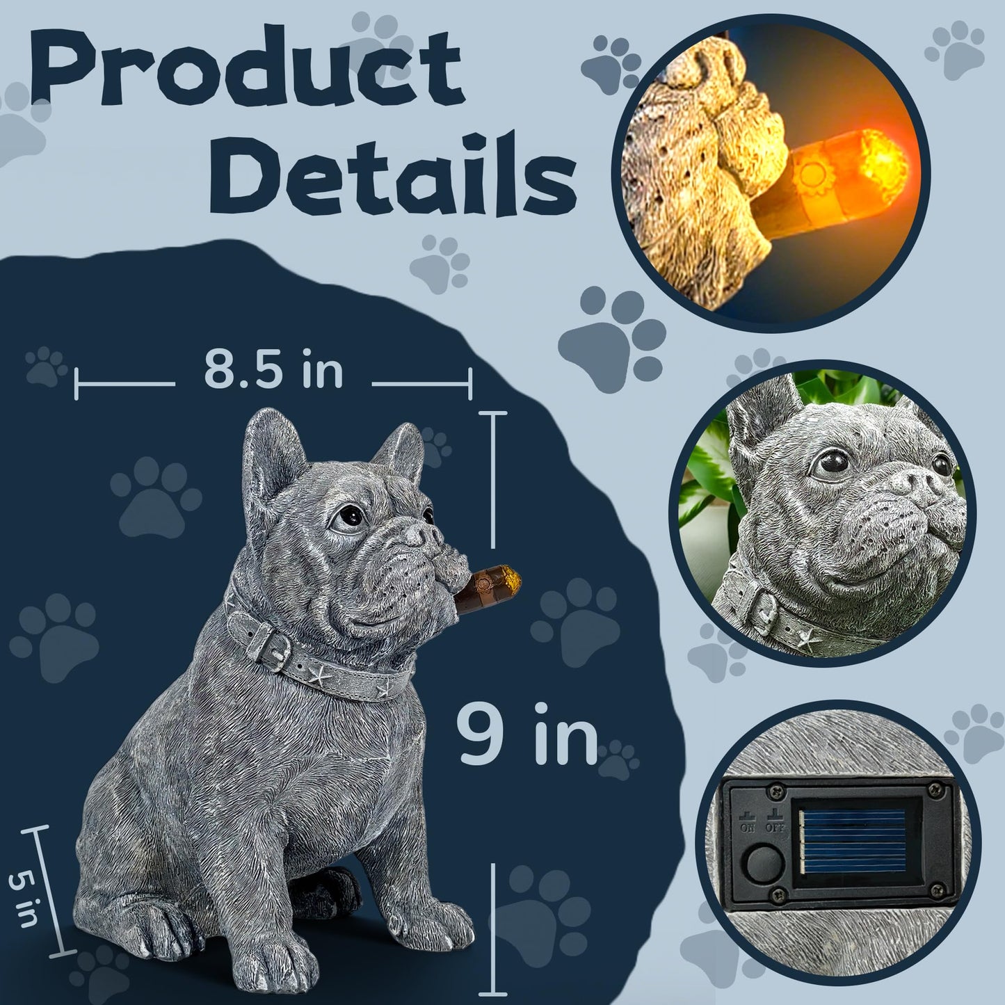 Miggley Dog Solar Garden Statue with LED Light - Outdoor Yard, Lawn, Patio French Bulldog Decor - Unique Birthday Housewarming Gift for Dad, Mom, Men, Women