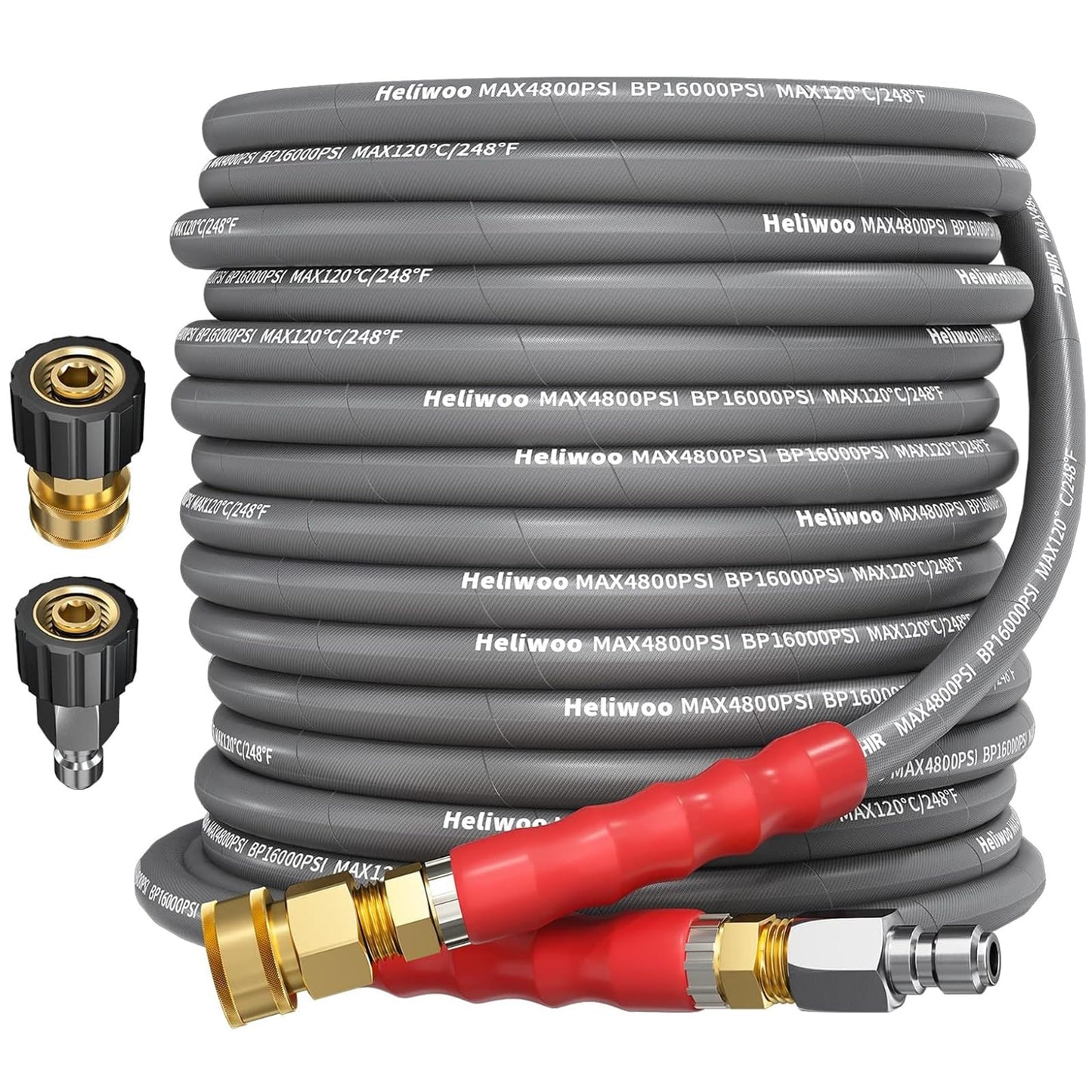Heliwoo 3/8'' Pressure Washer Hose 50 FT, Hot and Cold Water Power Washer Hose Max 248°F, Commercial Industrial Grade Steel Wire Braided Kink Proof Extension Hose with 3/8 Quick Connect 4800 PSI