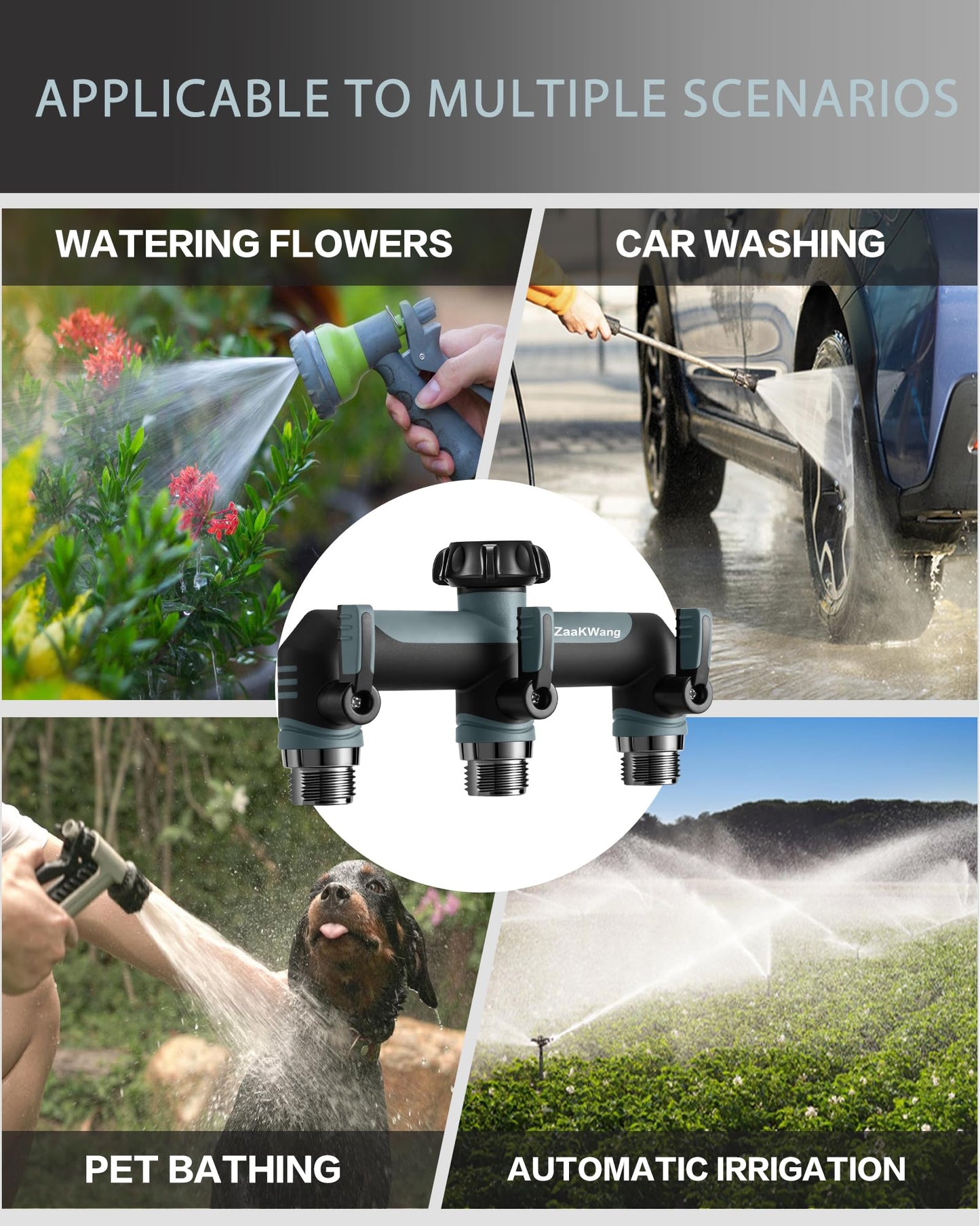 ZaakWang Garden Hose Splitter, 3 Way Hose Splitter, Heavy Duty Water Hose Bib Spigot Splitter, Outdoor Faucet Splitter with Shutoff Valve, T Adapter Connector with 3/4 - Inch GHT Thread (Grey)