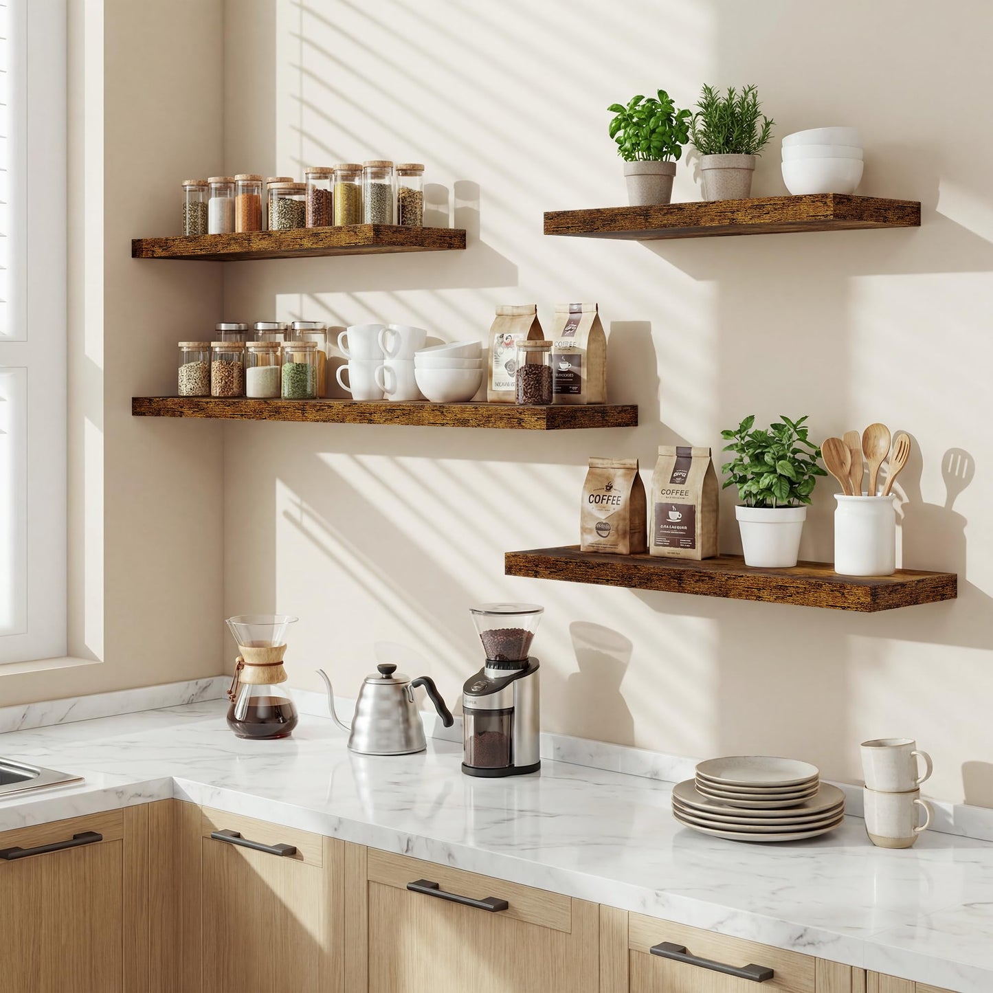 Floating Shelves for Wall 9 Inch,9.3" Deep Square Floating Shelf Set of 3,Wall Shelves Hanging Shelf with Invisible Brackets,Wall Mounted Shelf for Kitchen Living Room Bedroom Bathroom,Rustich Brown