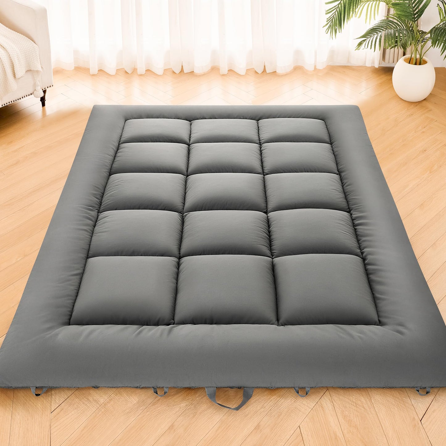 DOWNSTORIA Japanese Floor Mattress, Foldable Futon Mattress Tatami Mat with Handle, Roll Up Camping Sleeping Pad for Adults, Guestroom Floor Bed, Twin Size, Grey
