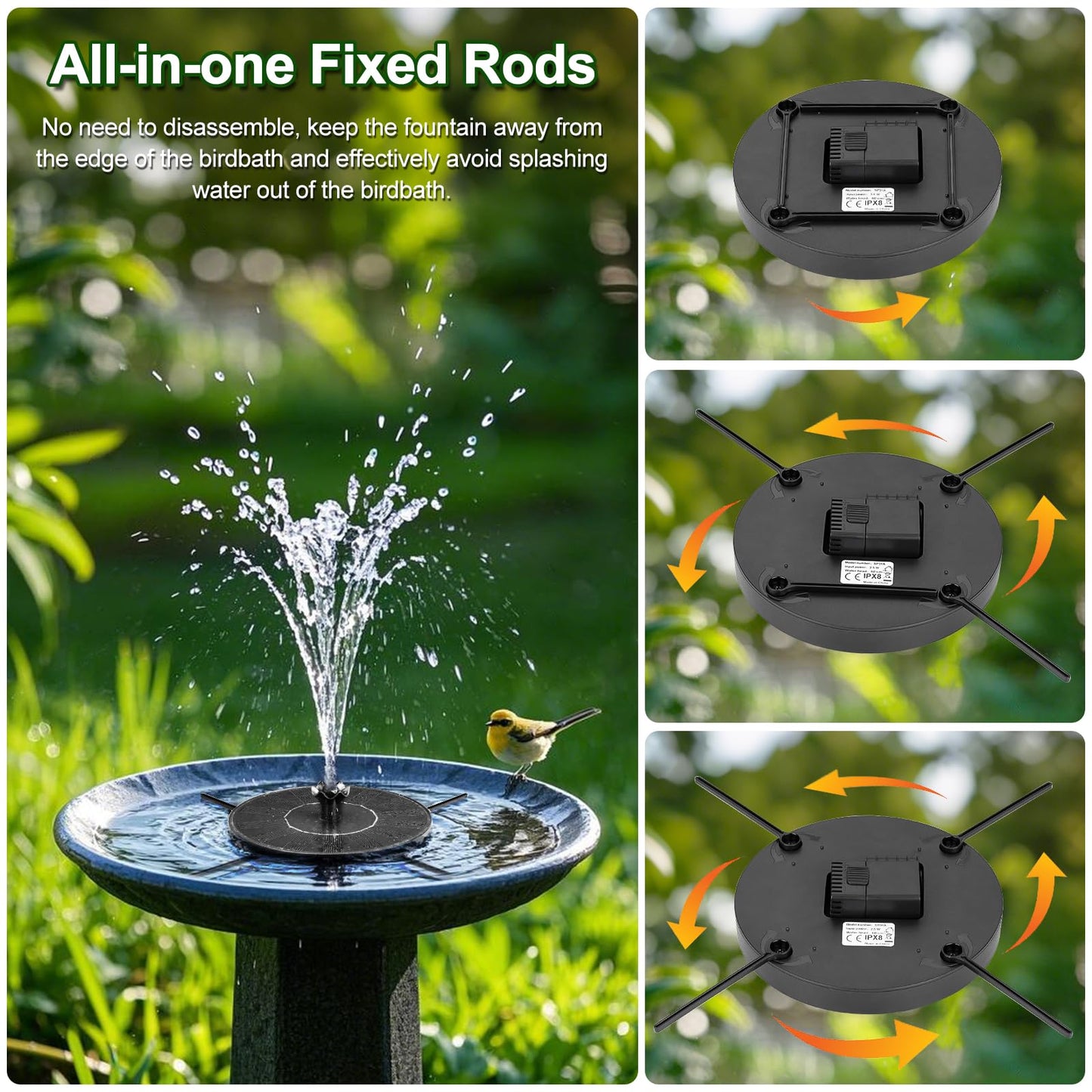 SEIRMEP Solar Fountain Pump with Spray Height Adjustment, Upgrade Glass Solar Bird Bath Fountains with 6 Nozzles, Outdoor Solar Water Fountain Pump for Bird Bath, Garden, Pool, Pond