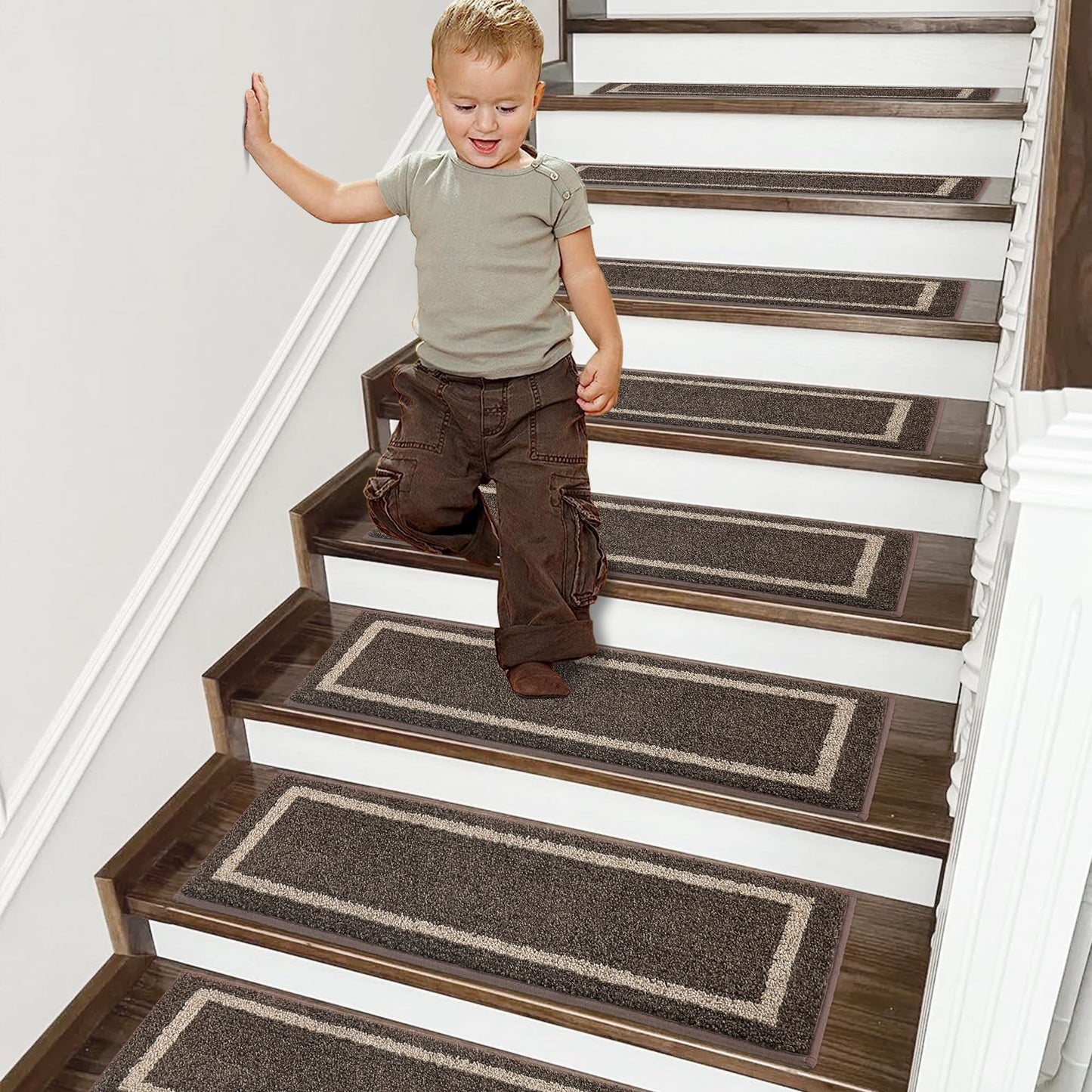 COSY HOMEER Soft Stair Treads Non-Slip Carpet Mat 28inX9in Indoor Stair Runners for Wooden Steps,Stair Rugs for Kids and Dogs, 100% Polyester TPE Backing 10pcs,Brown