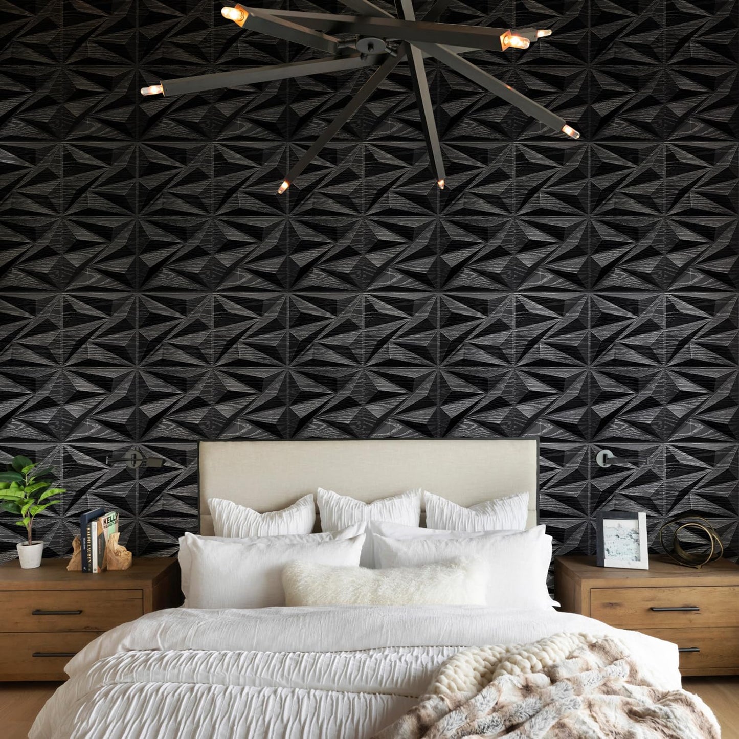 STICKGOO 3D Wall Panels for Interior Wall Decor, Black Wood Diamond Design Accent Wall Panels, 12''x12'' Modern Decorative Wall Panels for Living Room, Bedroom, Office, 33 Pack