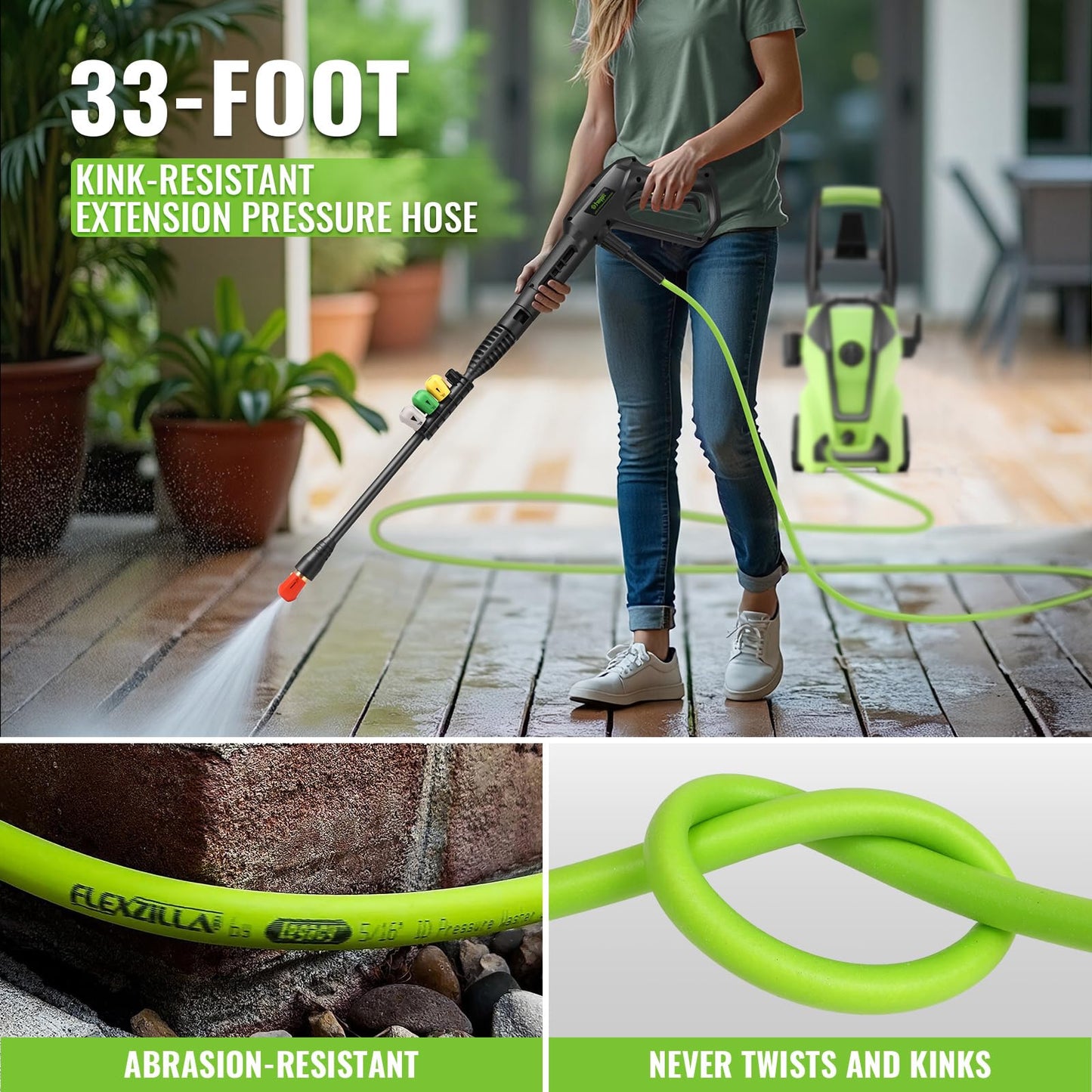 Imdot Electric Pressure Washer 5000PSI Max 4.0GPM with 33FT Flexible Extension Hose, 4 Nozzles, Foam Cannon, Power Washer Powered for Cars, Patios, Driveways, Deep Green