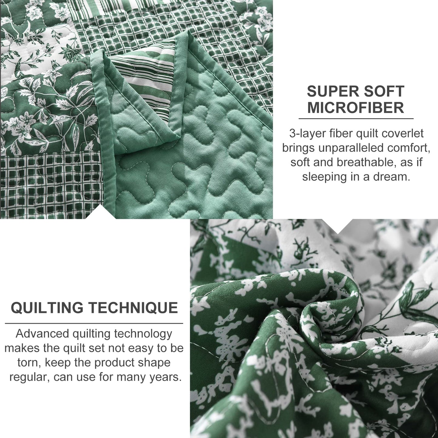 Mybedsoul Green Boho Queen Quilt Set, 3-Piece Reversible Soft Plaid Floral Bedding Set with 2 Pillow Shams - Sage Green Queen Size Quilt Bedspread Coverlet Set 90” x 96”