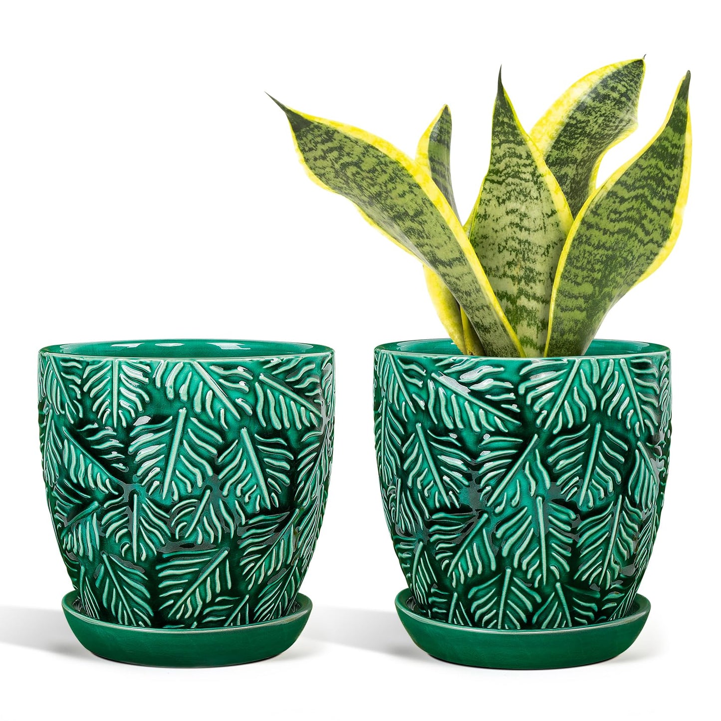 LITUDISO Ceramic Plant Pots, 6 Inch Indoor Plant pots with Drainage Hole and Saucer, Flower Pots, Leaf Embossed - Green Glaze, Set of 2