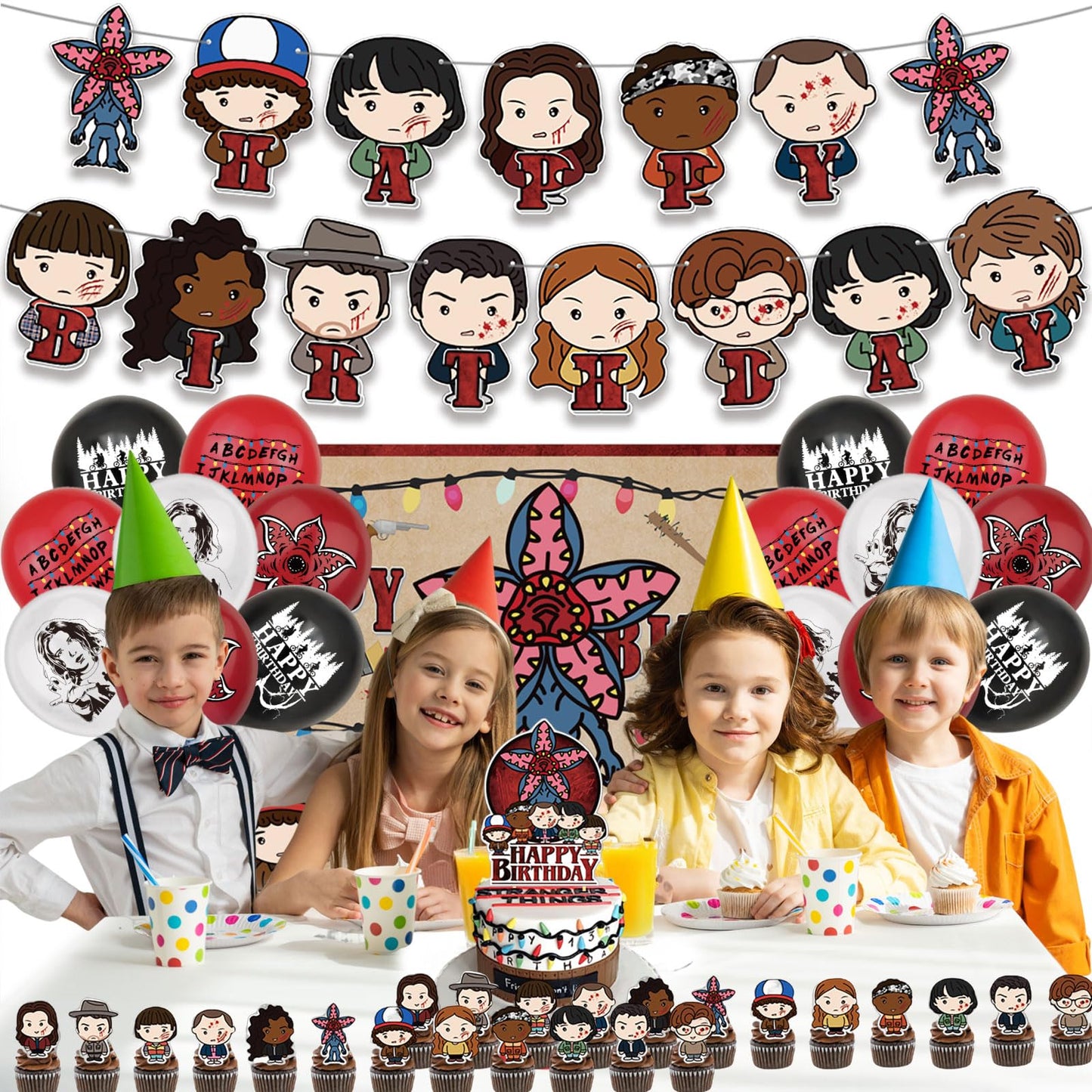 43 Pcs TV Series Theme Birthday Decorations, Cute Birthday Party Decorations, Includes 1 Banner, 1 Backdrop, 1 Cake Topper, 24 Dessert Decorations, and 16 Latex Balloons