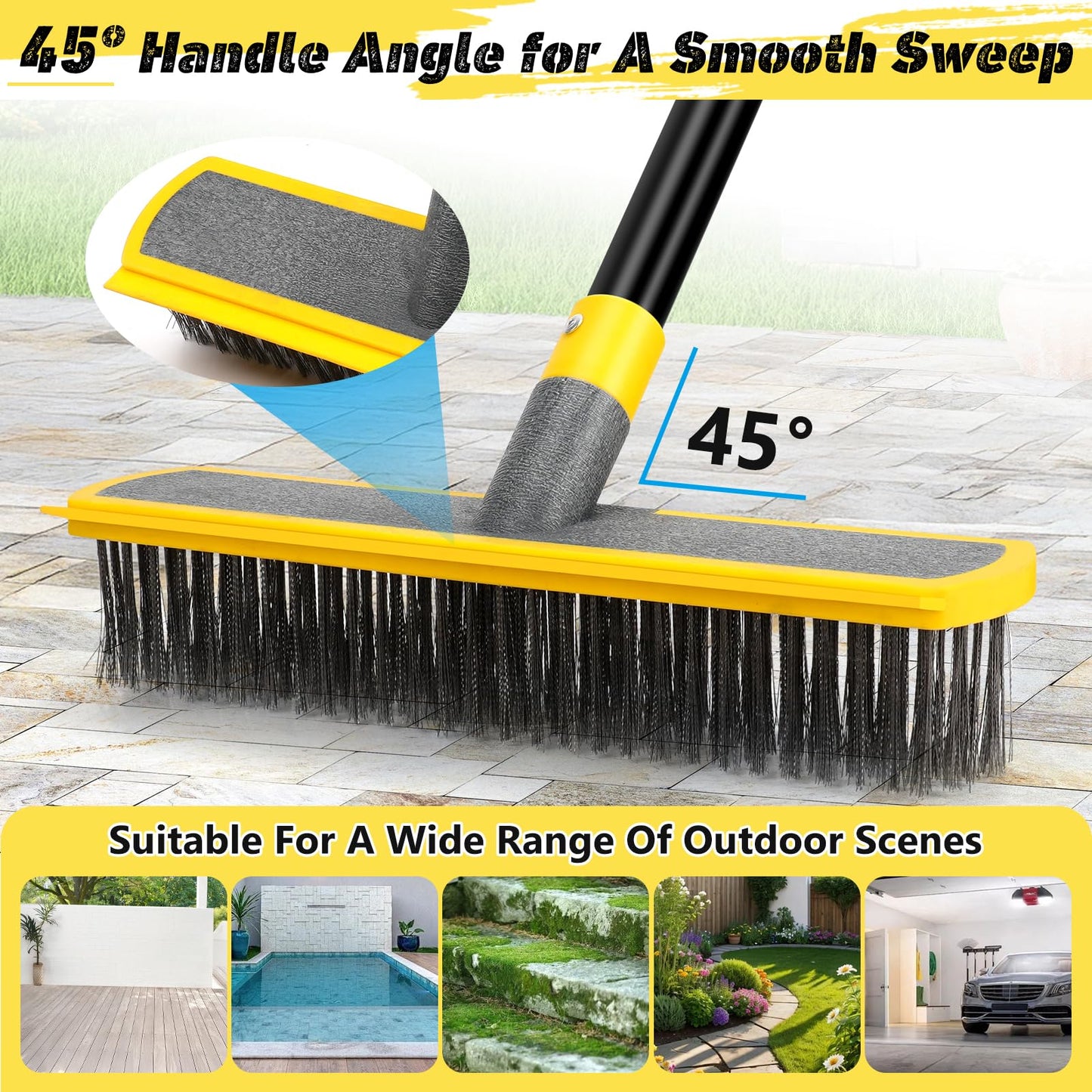 Heavy Duty Broom Wire Floor Scrub Brush with Long Handle, 2 in 1 Scrape and Stainless Steel Bristle Brooms Scrubber for Deck Concrete Patio Outdoor Moss Removal