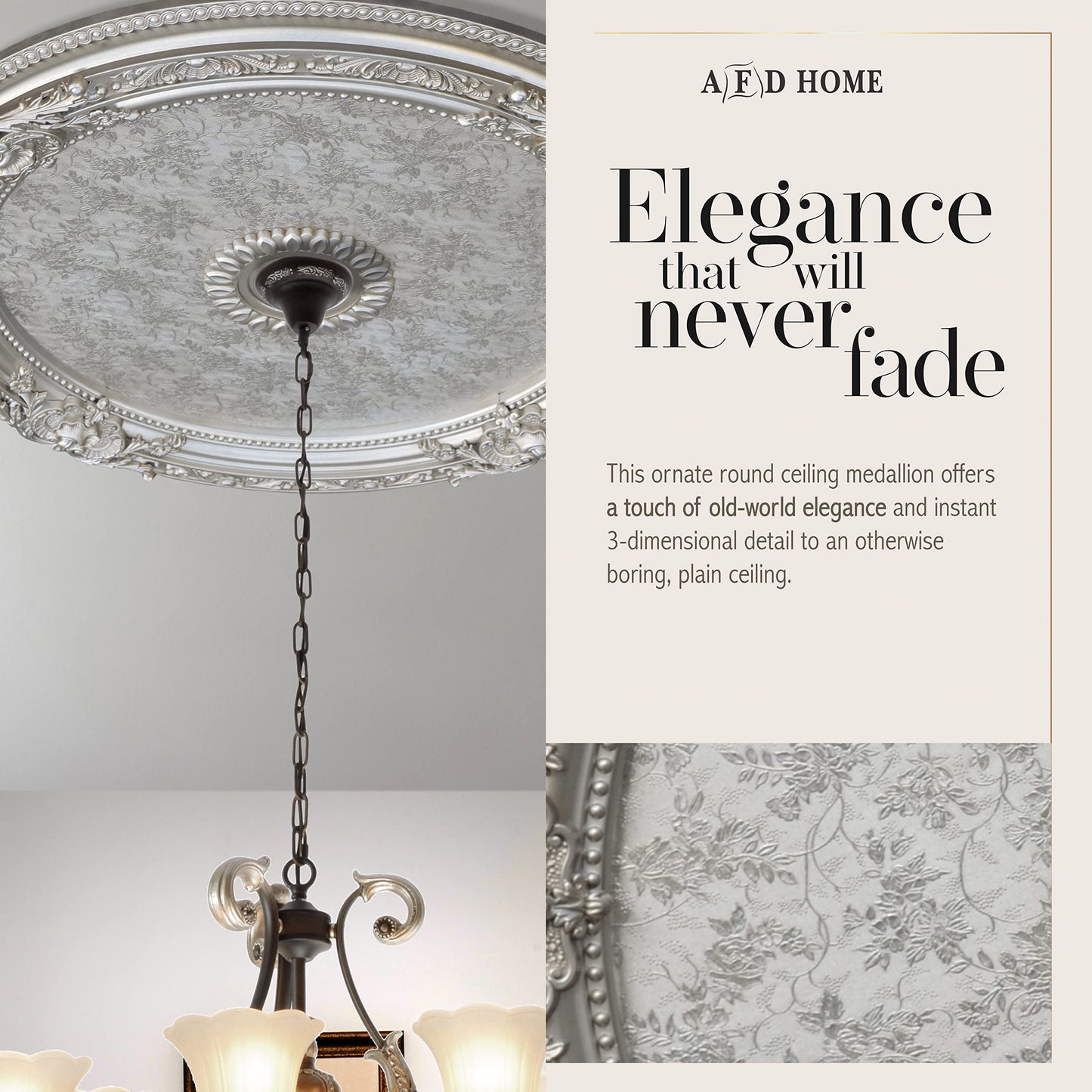 AFD Home Antique Round Silver Chandelier Ceiling Medallion or Fan Medallion, 36 Inches