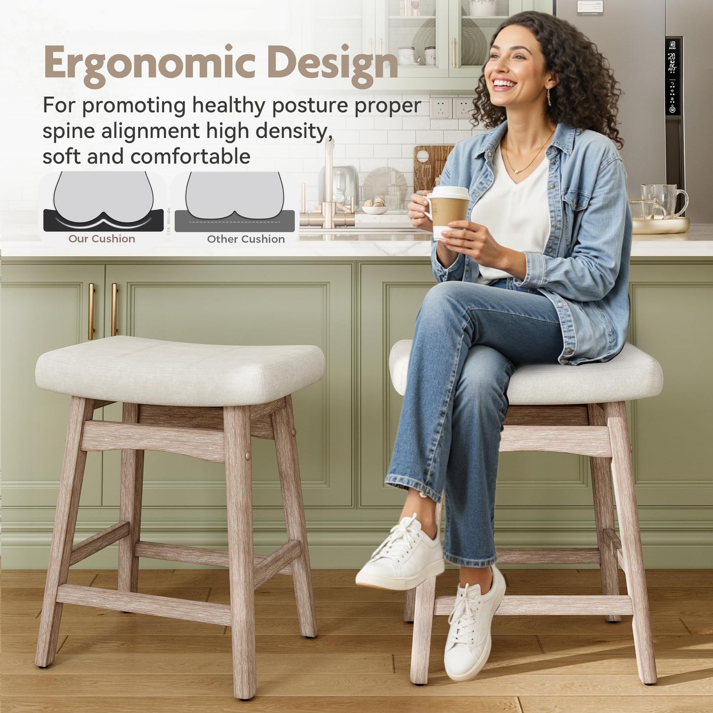MAISON ARTS Counter Height Bar Stools Set of 4 for Kitchen Counter Solid Wood Legs with Fabric Saddle Seat Farmhouse Barstools for 34"-38" Counter Island Upholstered Stools, 24in, Creamy White