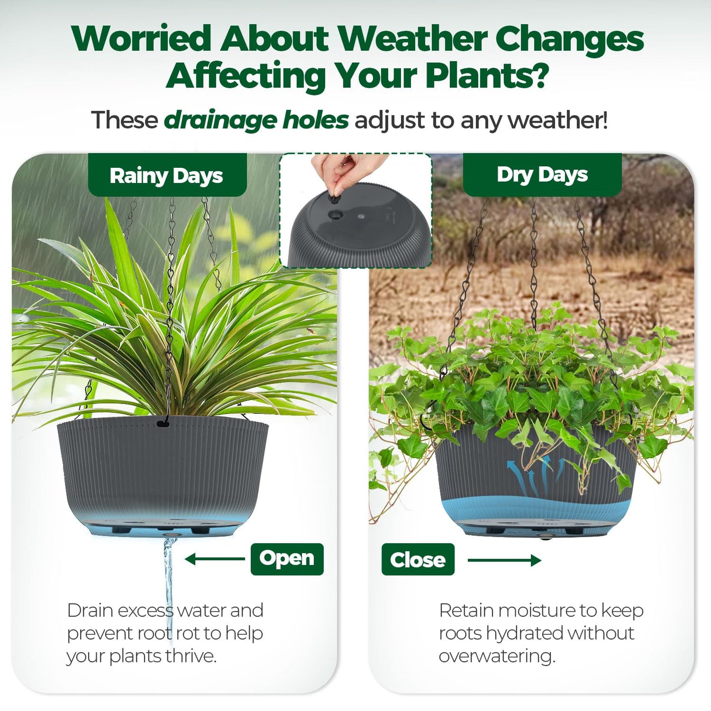 T4U 12 Inch Large Hanging Planters for Outdoor Plants, 2 Pack Self Watering Pots Indoor, Hanging Baskets for Plants,Hanging Flower Pot with Drainage Hole and Plant Hanger, Grey