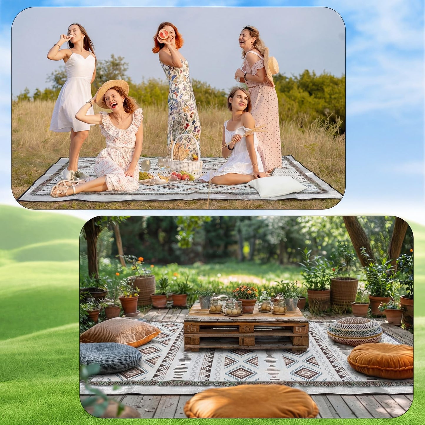 Hahafelt 91x 71 in Extra Large Outdoor Picnic Blanket with Waterproof Mat Oversize Beach Woven Cotton Yarn Blanket with Fringe Machine Sandproof for Spring Summer Camping Beach Park(Diamond,Brown)