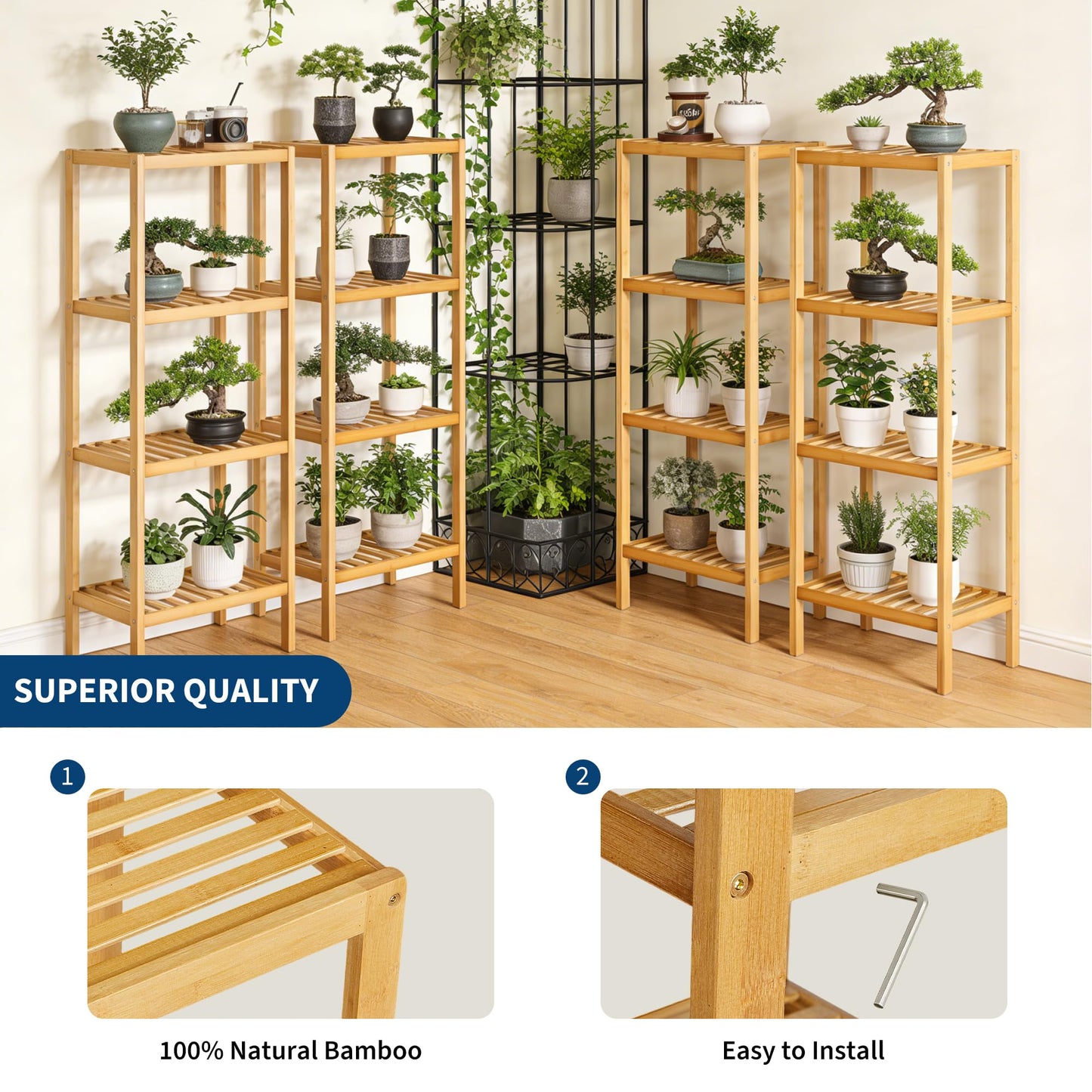 Garvee 4-Tier Bamboo Shelf Narrow Bathroom Shelf with Slatted Shelves Natural Wood Plant Stand Standing Towel Rack Corner Rack for Bathroom Entryway Bedroom Kitchen Sunroom