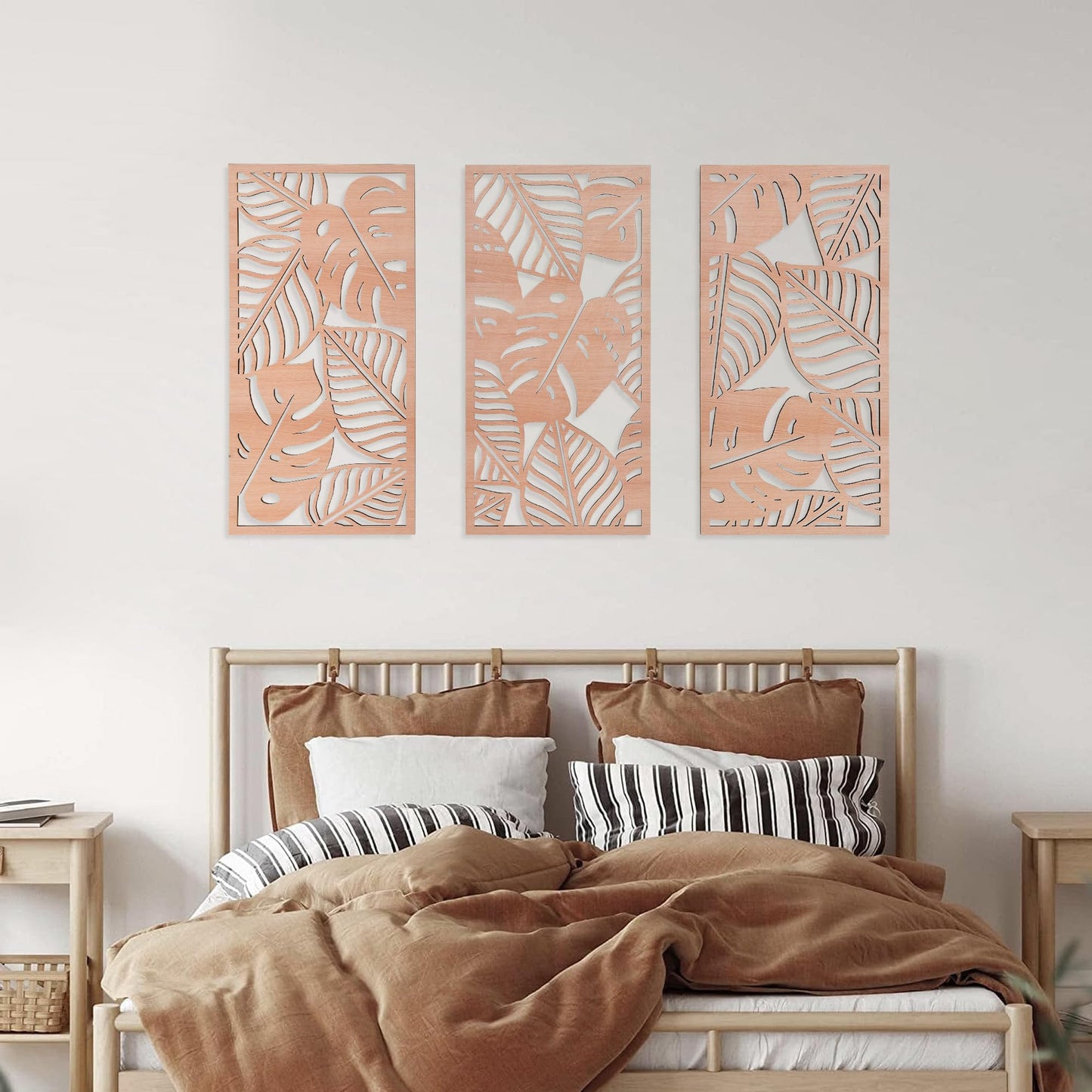 Tropical Decor 3D Wood Wall Art Set of 3, Carved Palm Tree Coastal Wall Decor, Hawaiian Wooden Wall Art for Bedroom, Bathroom, Living Room (Palm Leaf Cutout - 15.7 x 7.87 inch)